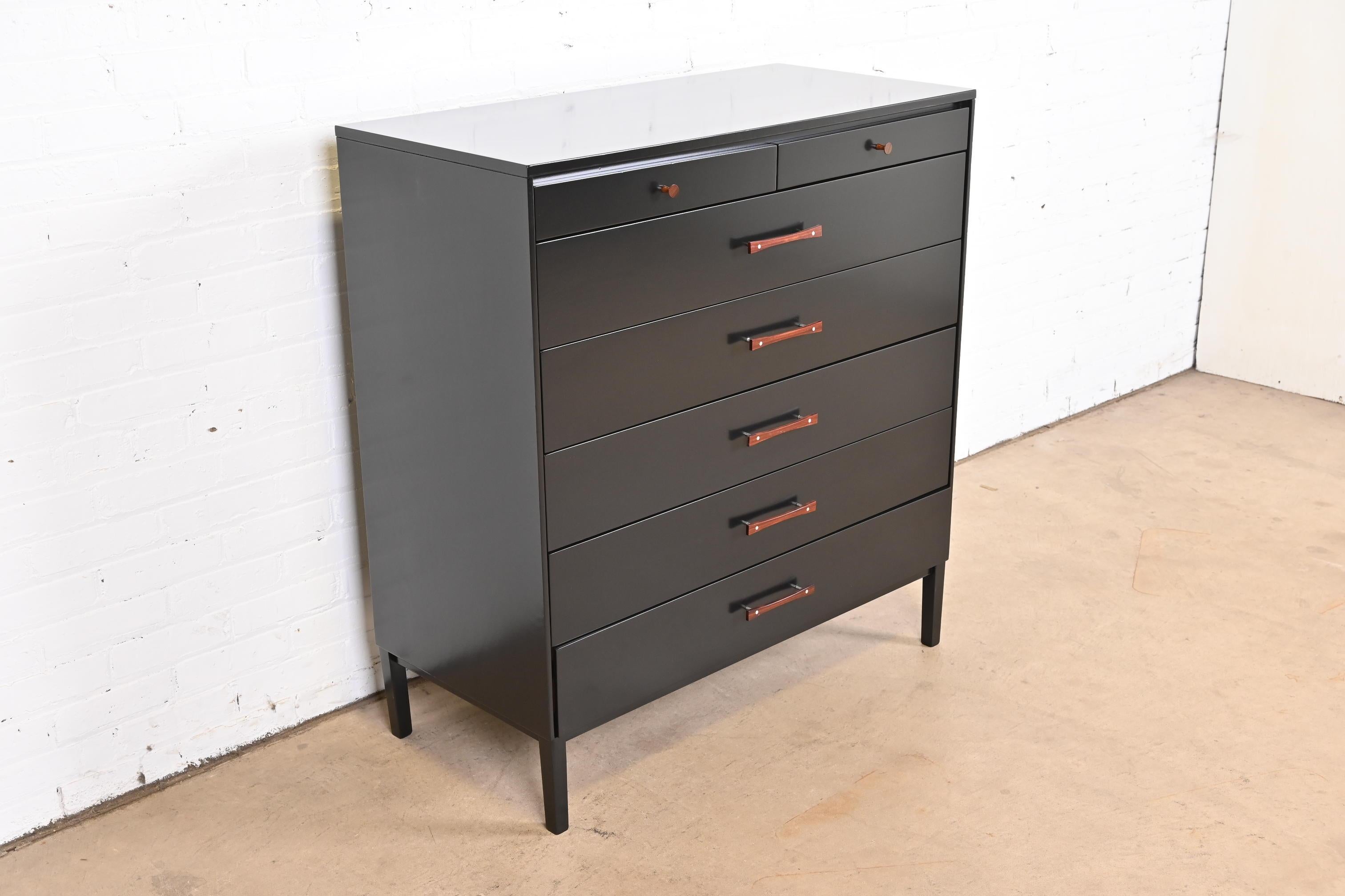 Paul McCobb Perimeter Group Black Lacquered Highboy Dresser, Newly Refinished In Good Condition For Sale In South Bend, IN