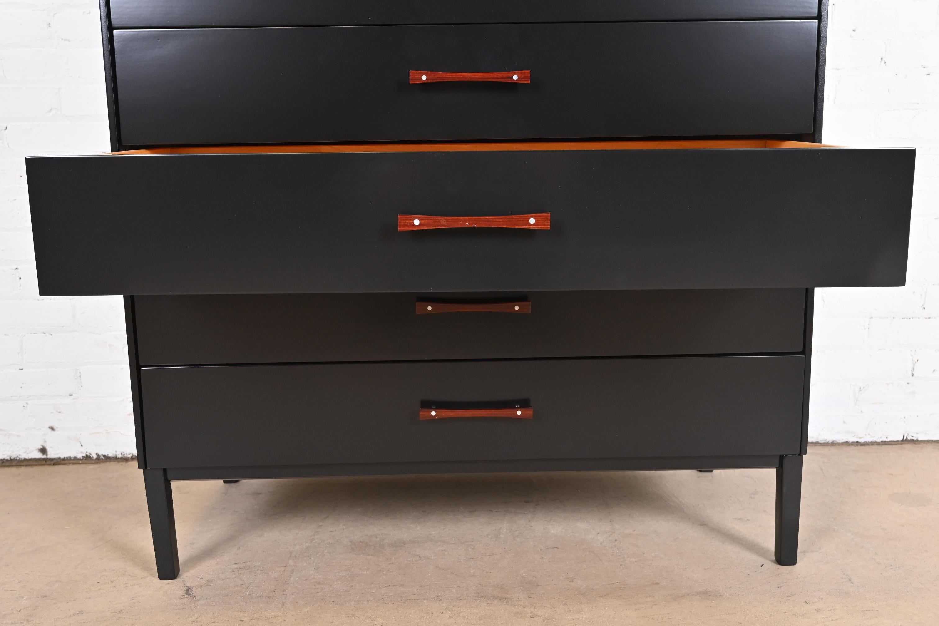 Paul McCobb Perimeter Group Black Lacquered Highboy Dresser, Newly Refinished For Sale 1