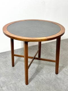 Paul McCobb Perimeter Group Round Side Table in Walnut and Black Leather 1950s