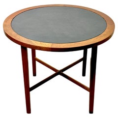 Paul McCobb Perimeter Group Round Side Table in Walnut and Black Leather 1950s