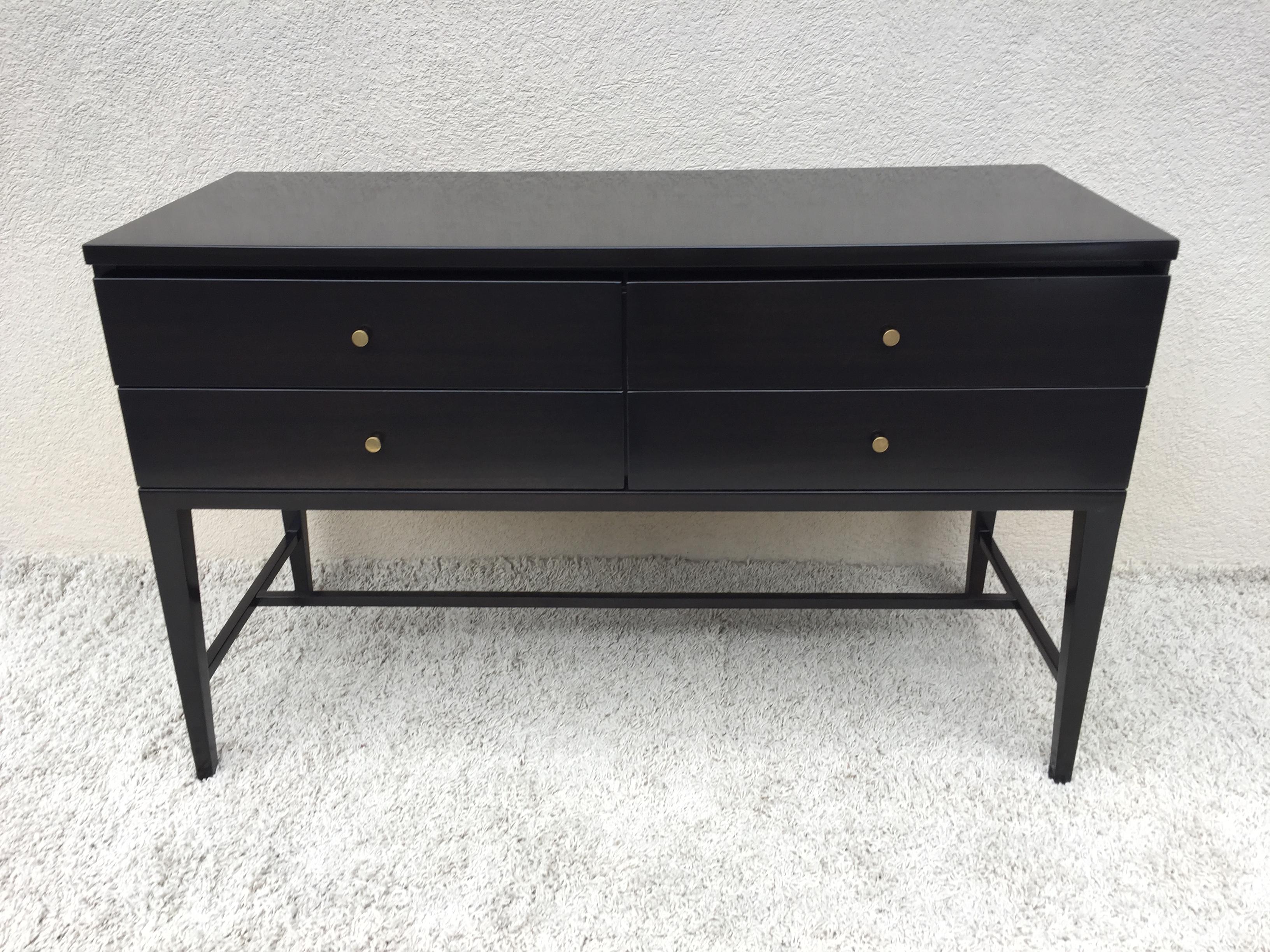 Polished Paul McCobb Petite Sideboard Cabinet Dark Walnut Brass Pulls For Sale