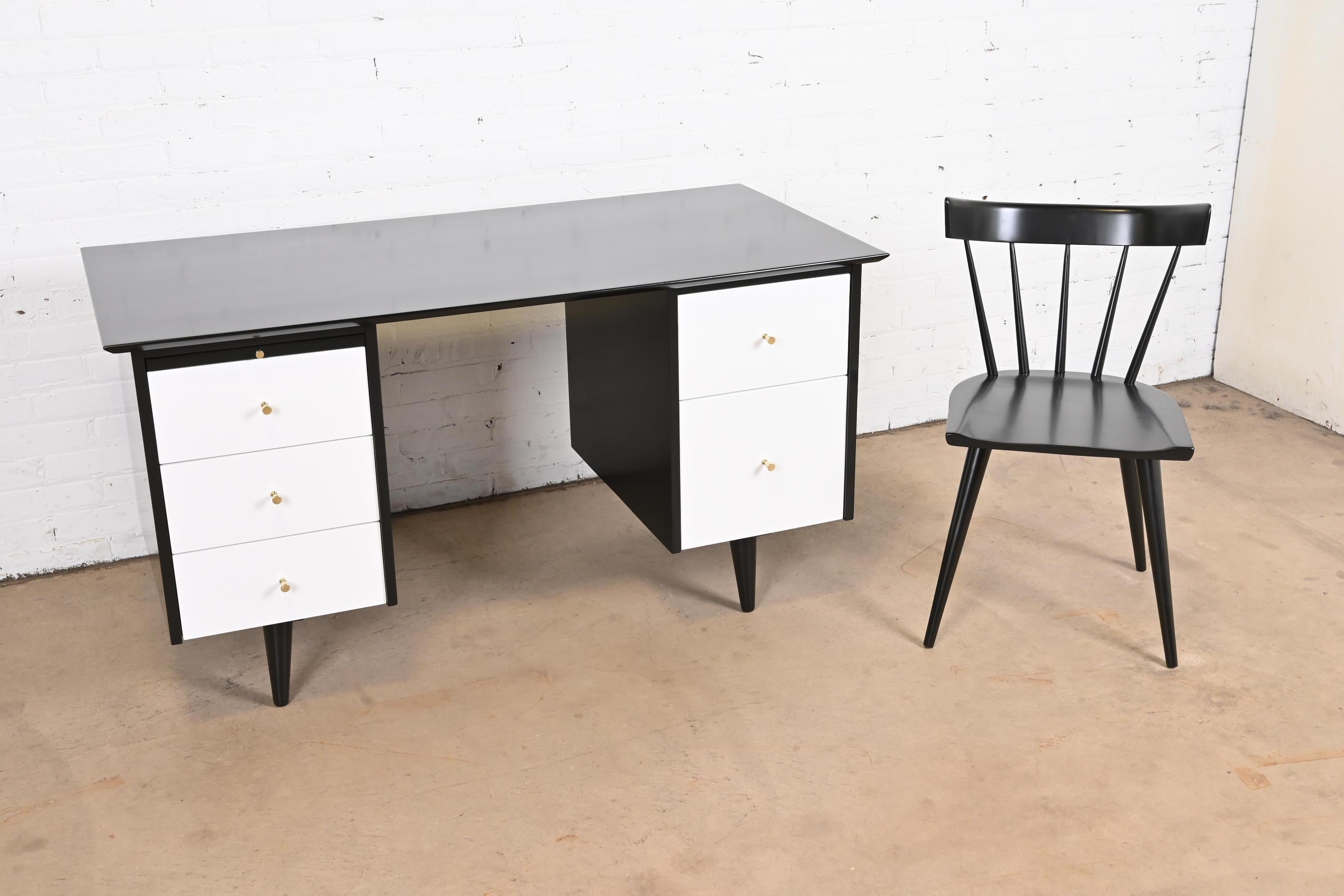 Mid-Century Modern Paul McCobb Planner Group Black and White Lacquer Double Pedestal Desk and Chair