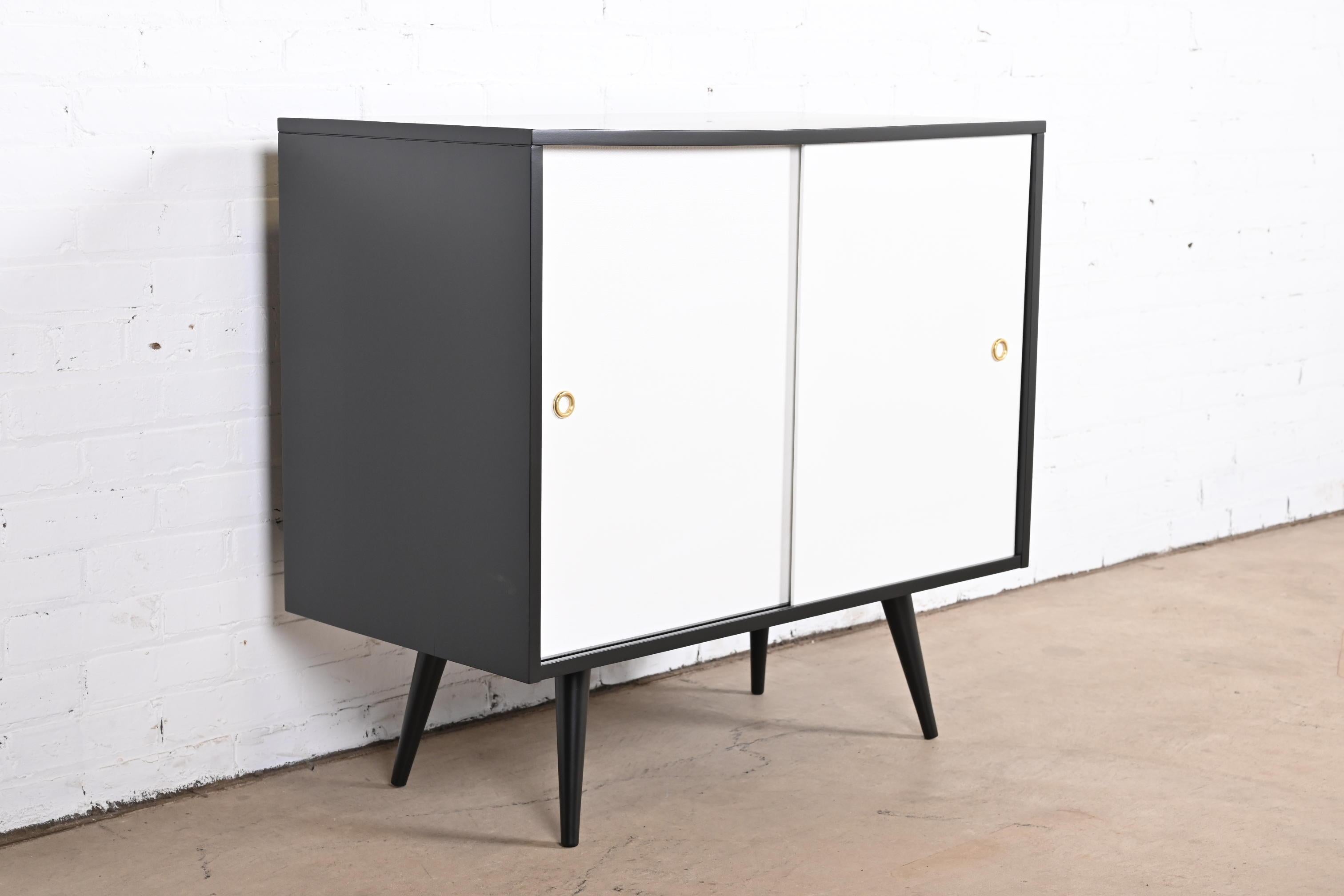 Brass Paul McCobb Planner Group Black and White Lacquered Credenza or Record Cabinet For Sale