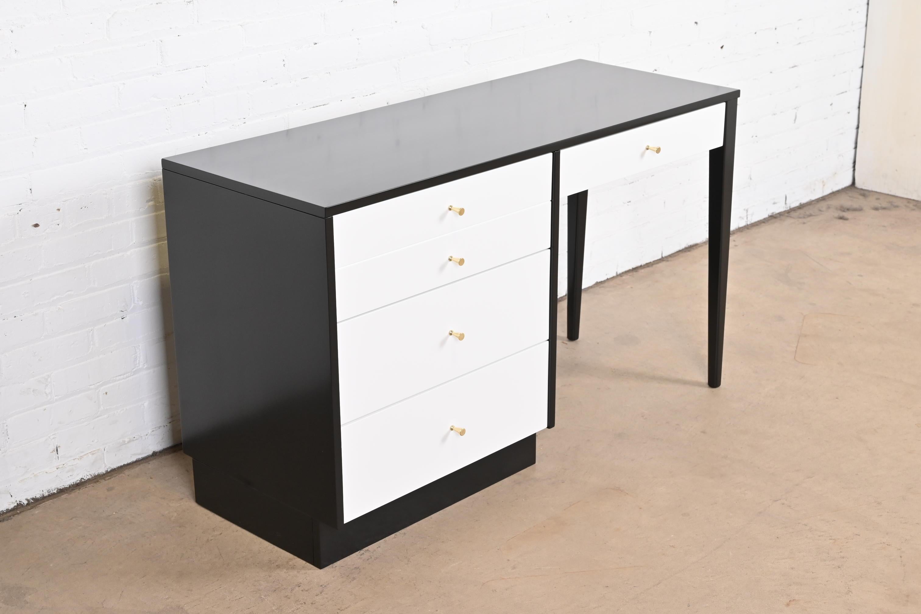 Brass Paul McCobb Planner Group Black and White Lacquered Desk, Newly Refinished For Sale