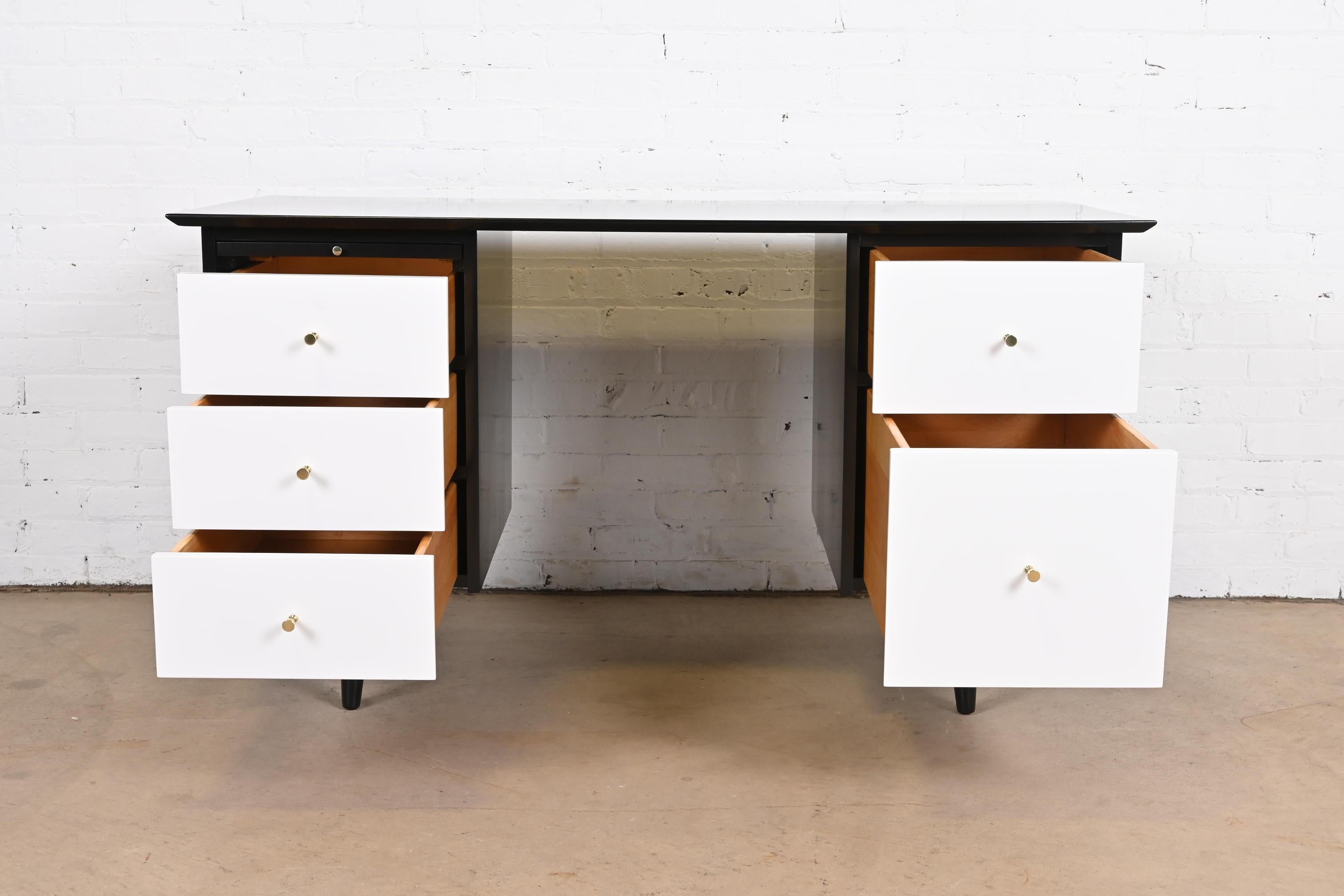 Brass Paul McCobb Planner Group Black and White Lacquered Double Pedestal Desk, 1950s For Sale