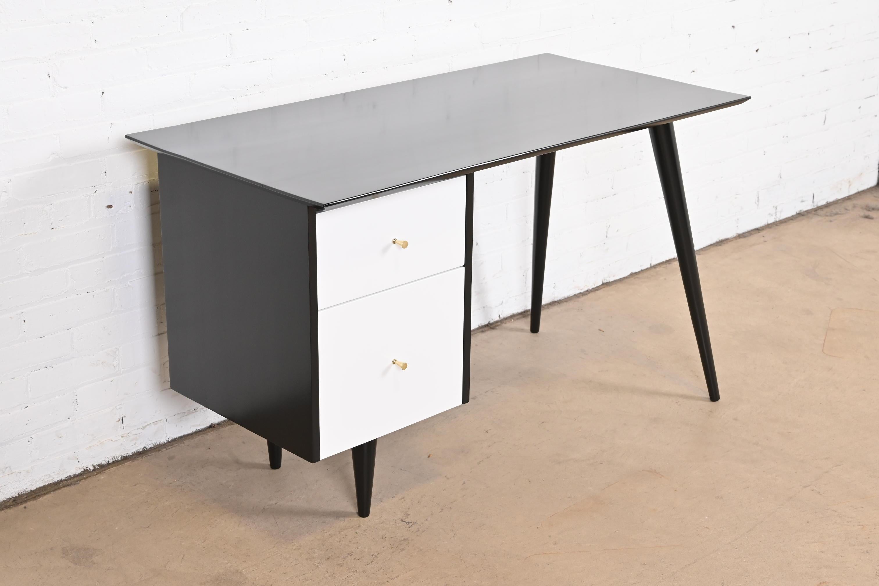 Brass Paul McCobb Planner Group Black and White Lacquered Writing Desk, Refinished For Sale