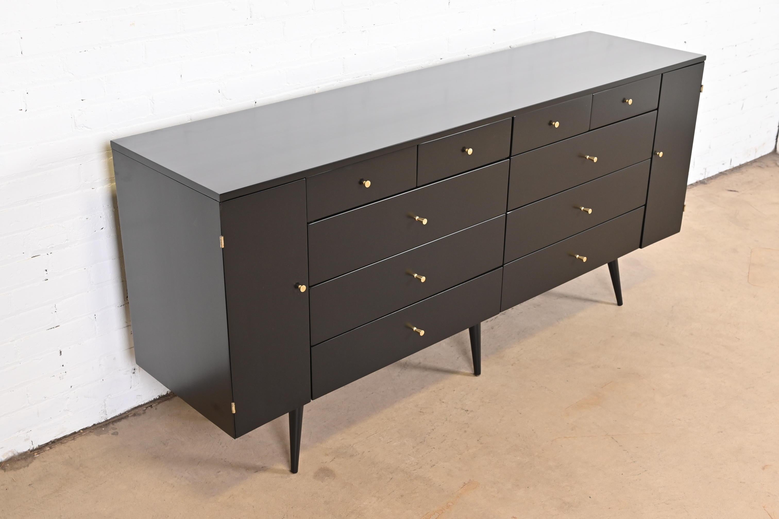 Brass Paul McCobb Planner Group Black Lacquered 20-Drawer Dresser, Newly Refinished