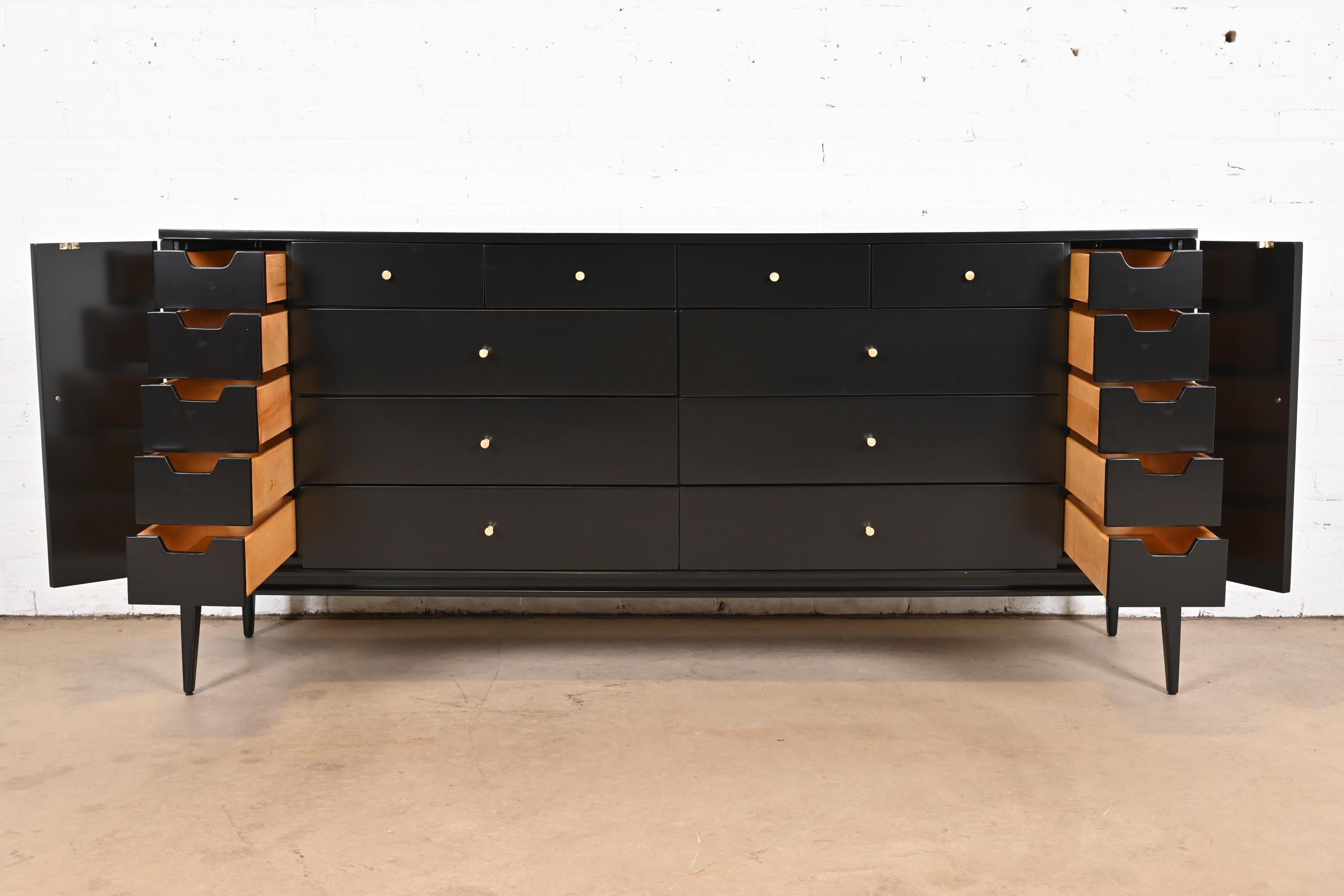 Brass Paul McCobb Planner Group Black Lacquered 20-Drawer Dresser, Newly Refinished For Sale