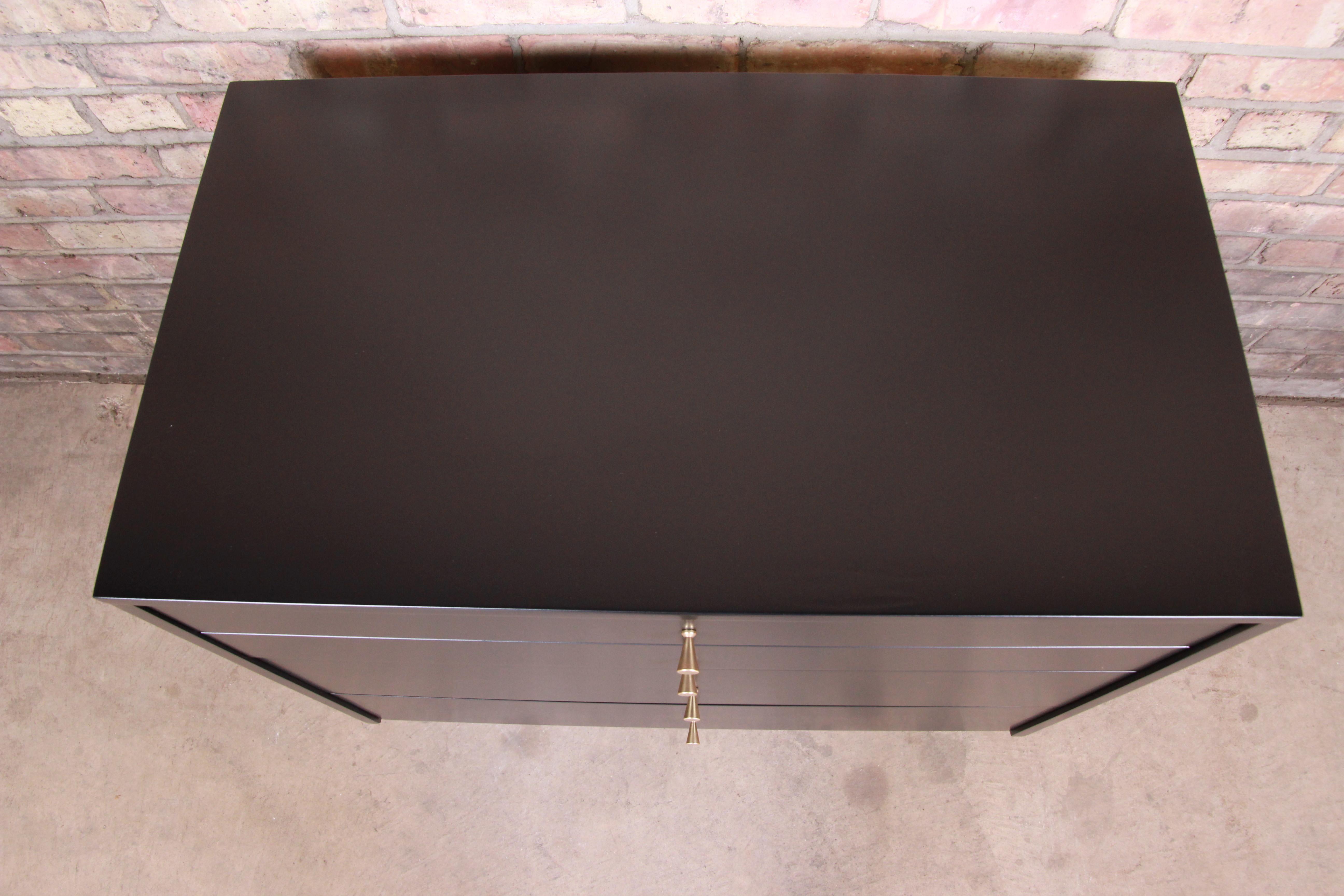 Brass Paul McCobb Planner Group Black Lacquered Bachelor Chest, Newly Restored