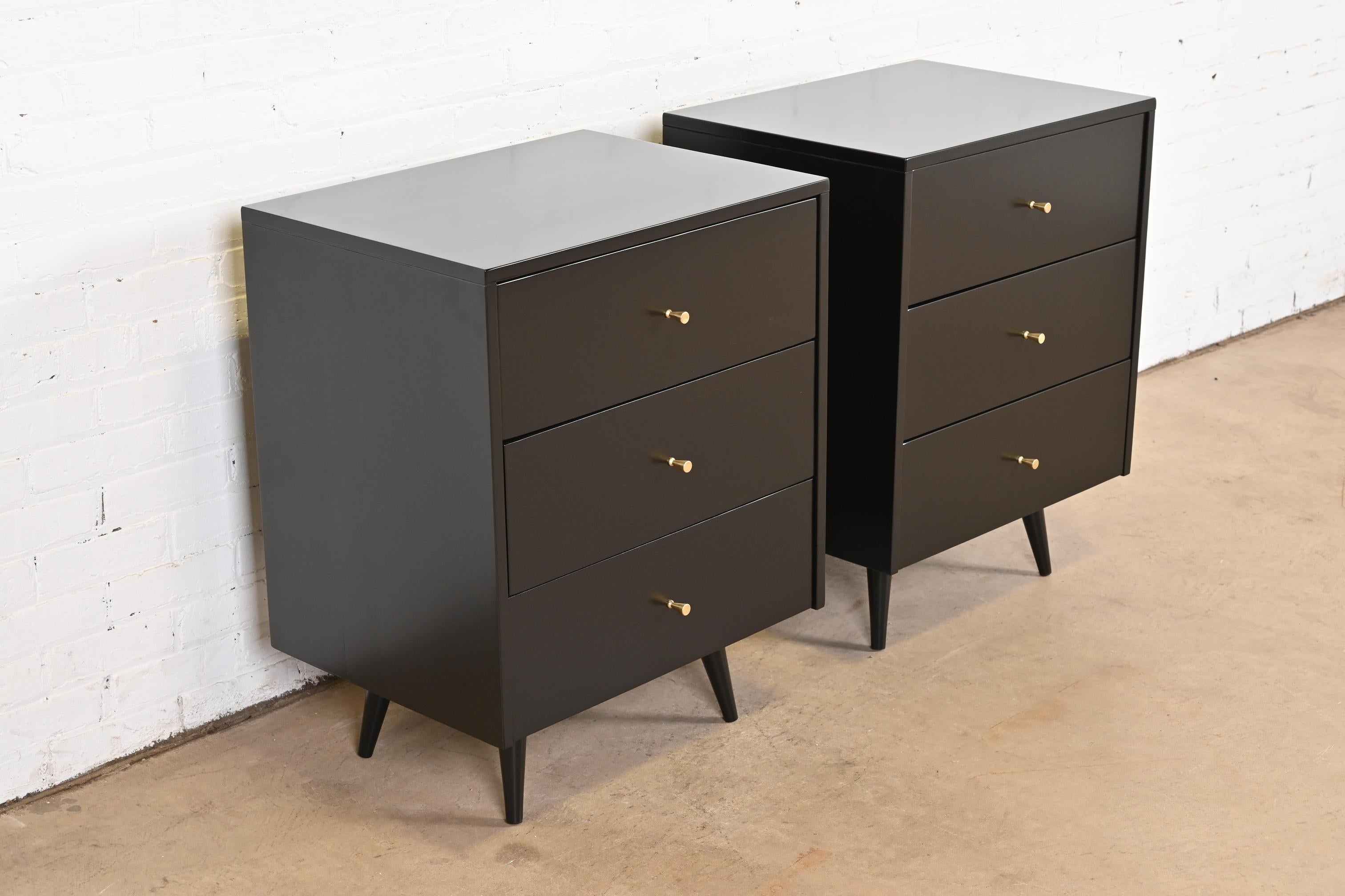 Brass Paul McCobb Planner Group Black Lacquered Bedside Chests, Newly Refinished For Sale
