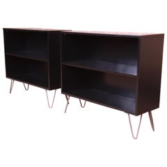 Paul McCobb Planner Group Black Lacquered Bookcases on Hairpin Legs, Refinished