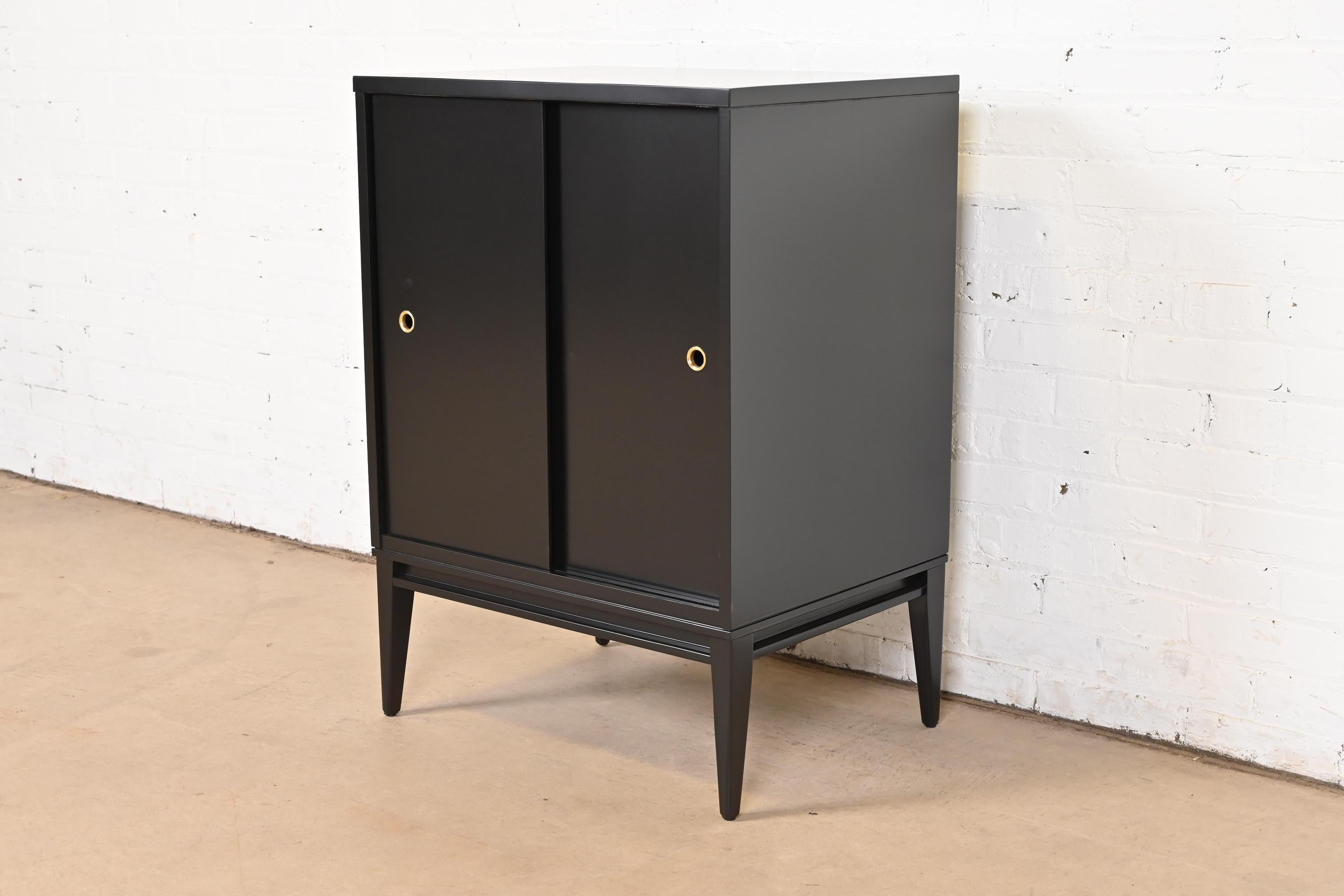 Paul McCobb Planner Group Black Lacquered Cabinet With Sliding Doors, Refinished In Good Condition In South Bend, IN