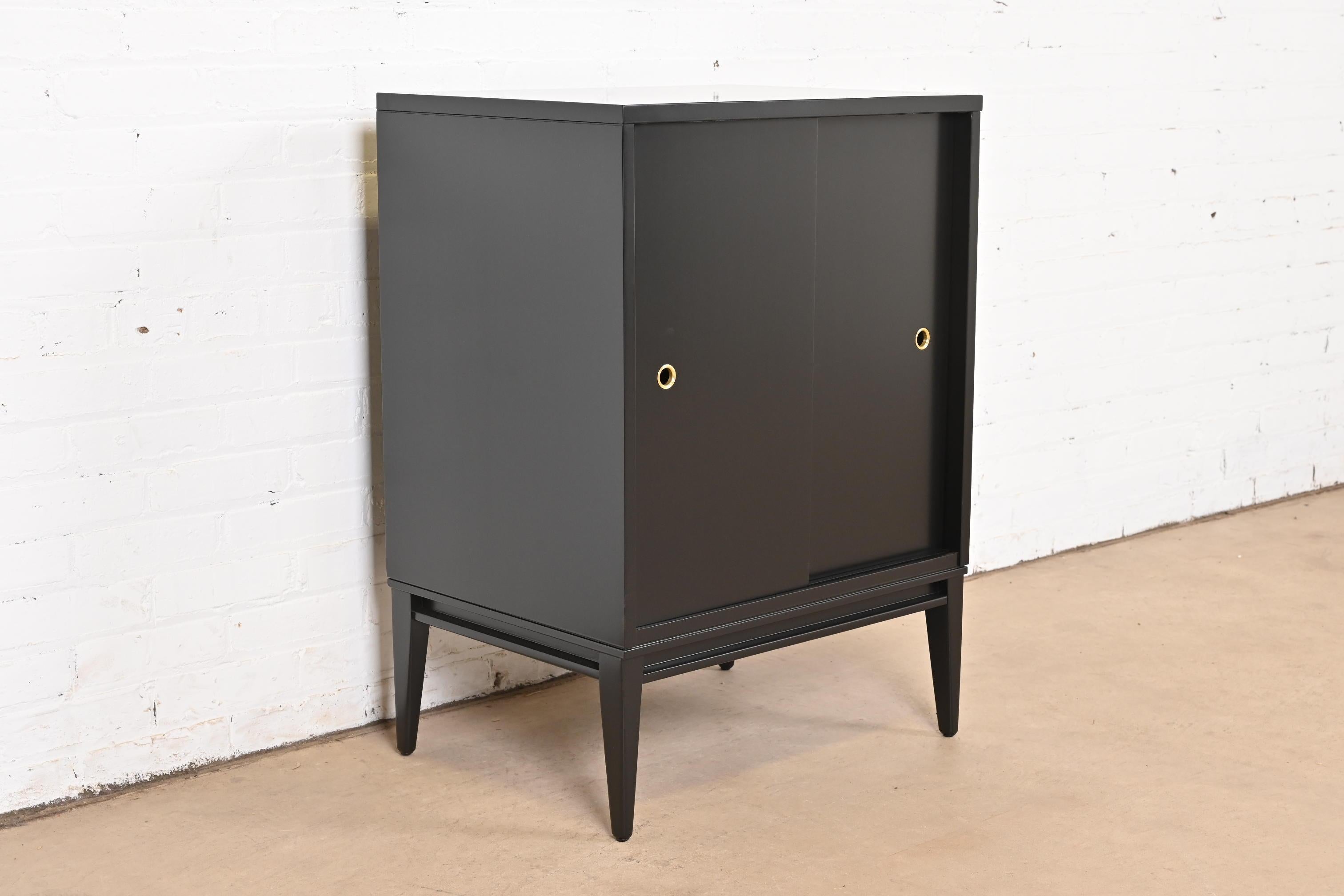 Brass Paul McCobb Planner Group Black Lacquered Cabinet With Sliding Doors, Refinished