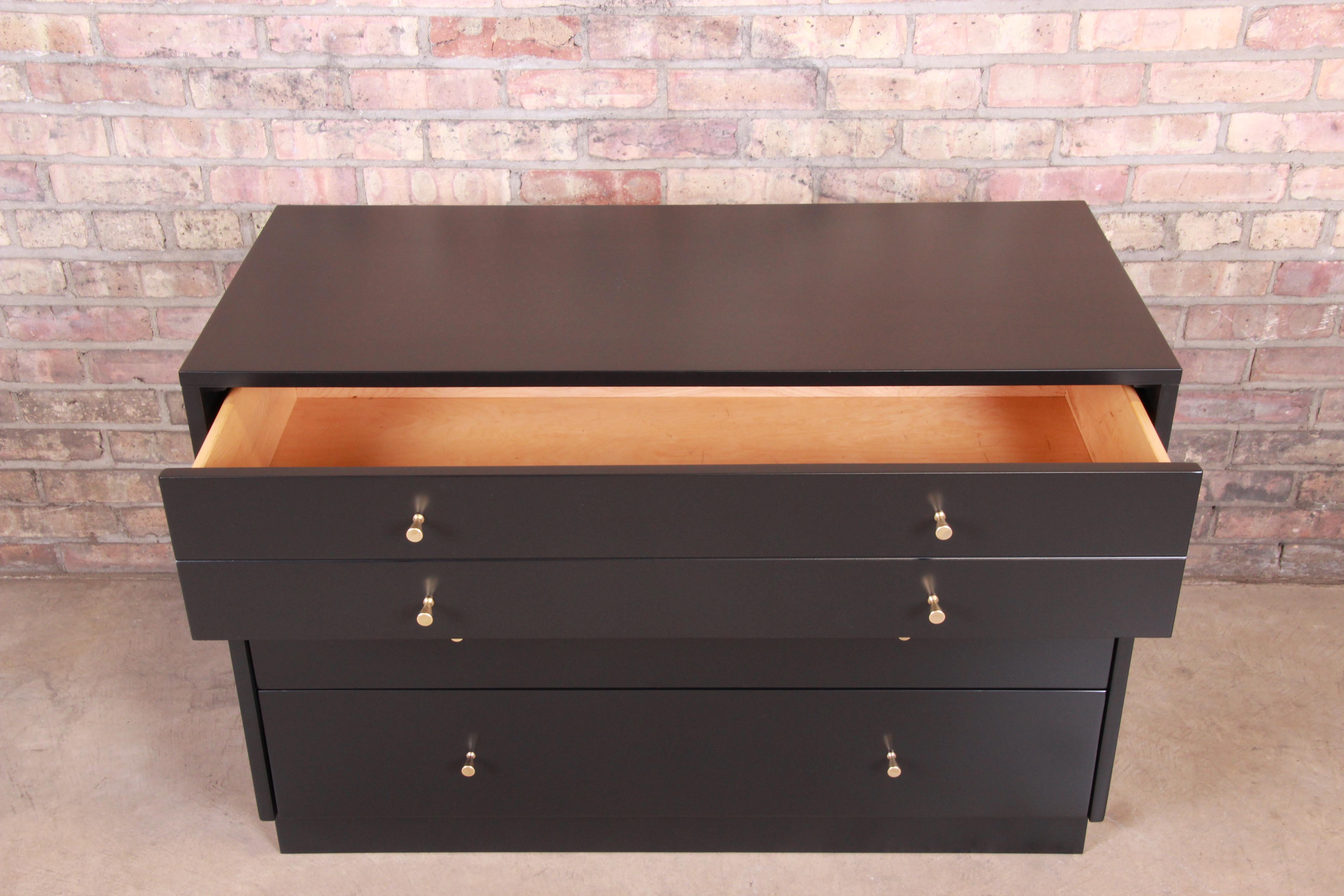 Brass Paul McCobb Planner Group Black Lacquered Chest of Drawers, Newly Restored
