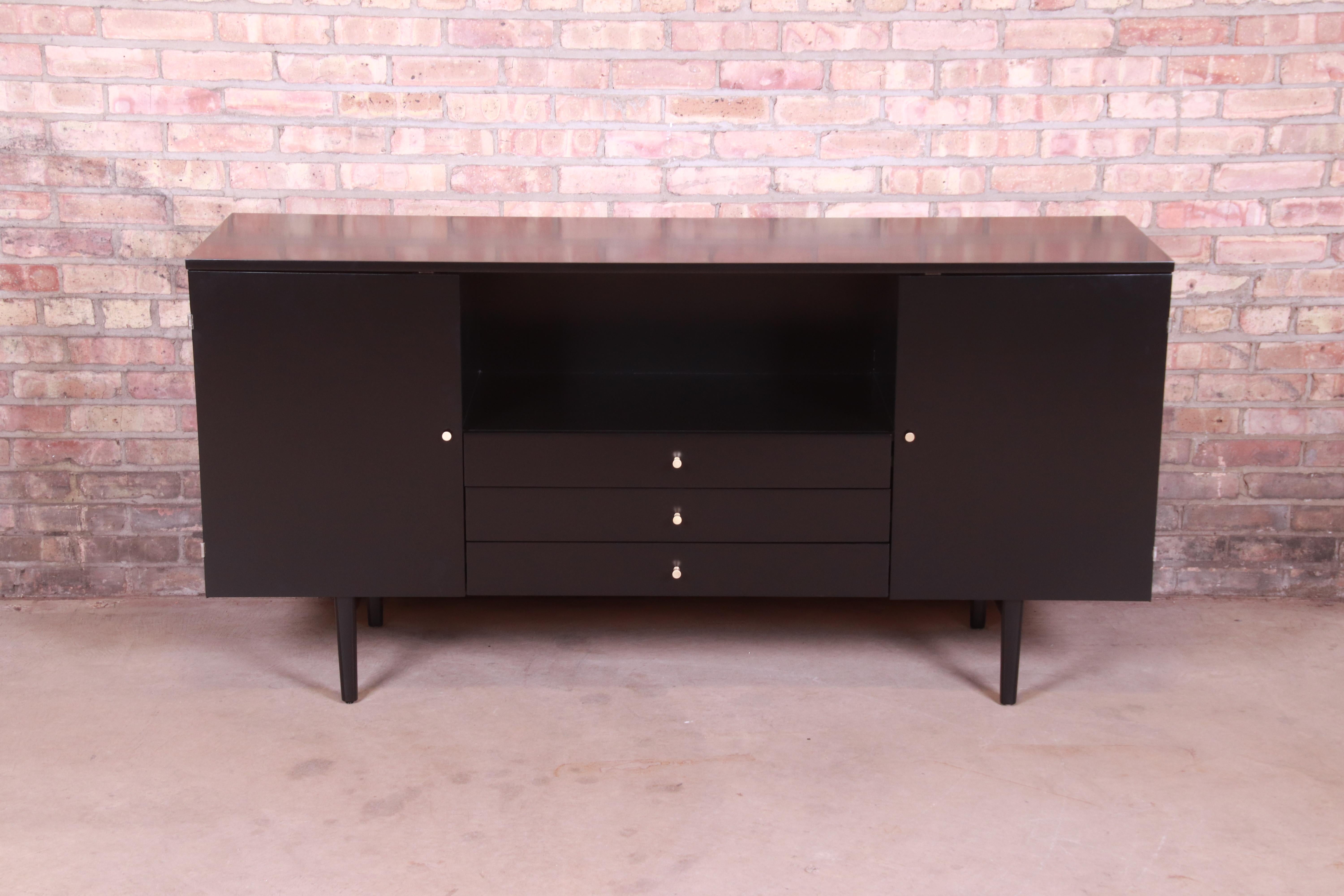 Mid-Century Modern Paul McCobb Planner Group Black Lacquered Credenza or Media Cabinet, Refinished