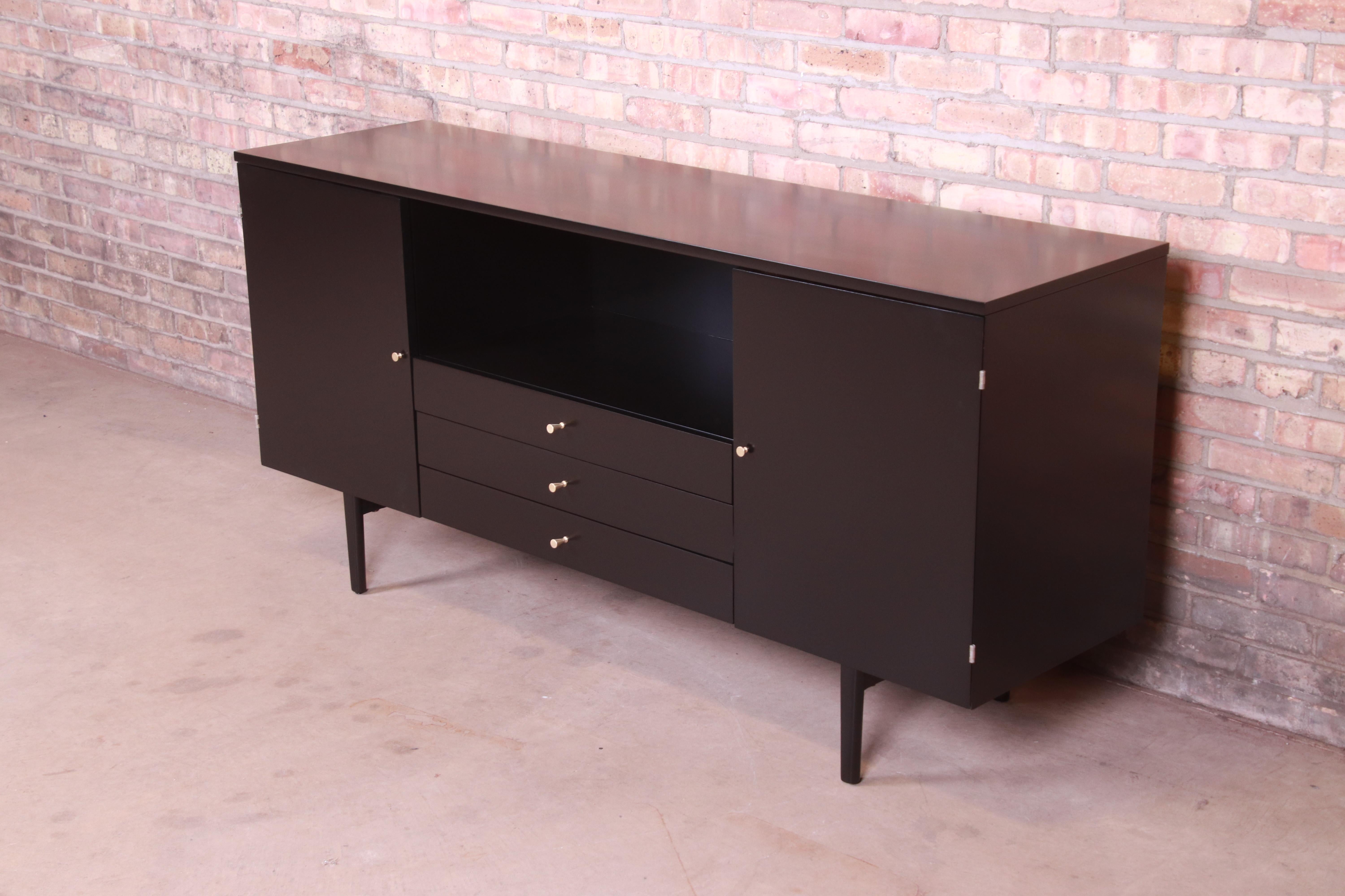 American Paul McCobb Planner Group Black Lacquered Credenza or Media Cabinet, Refinished
