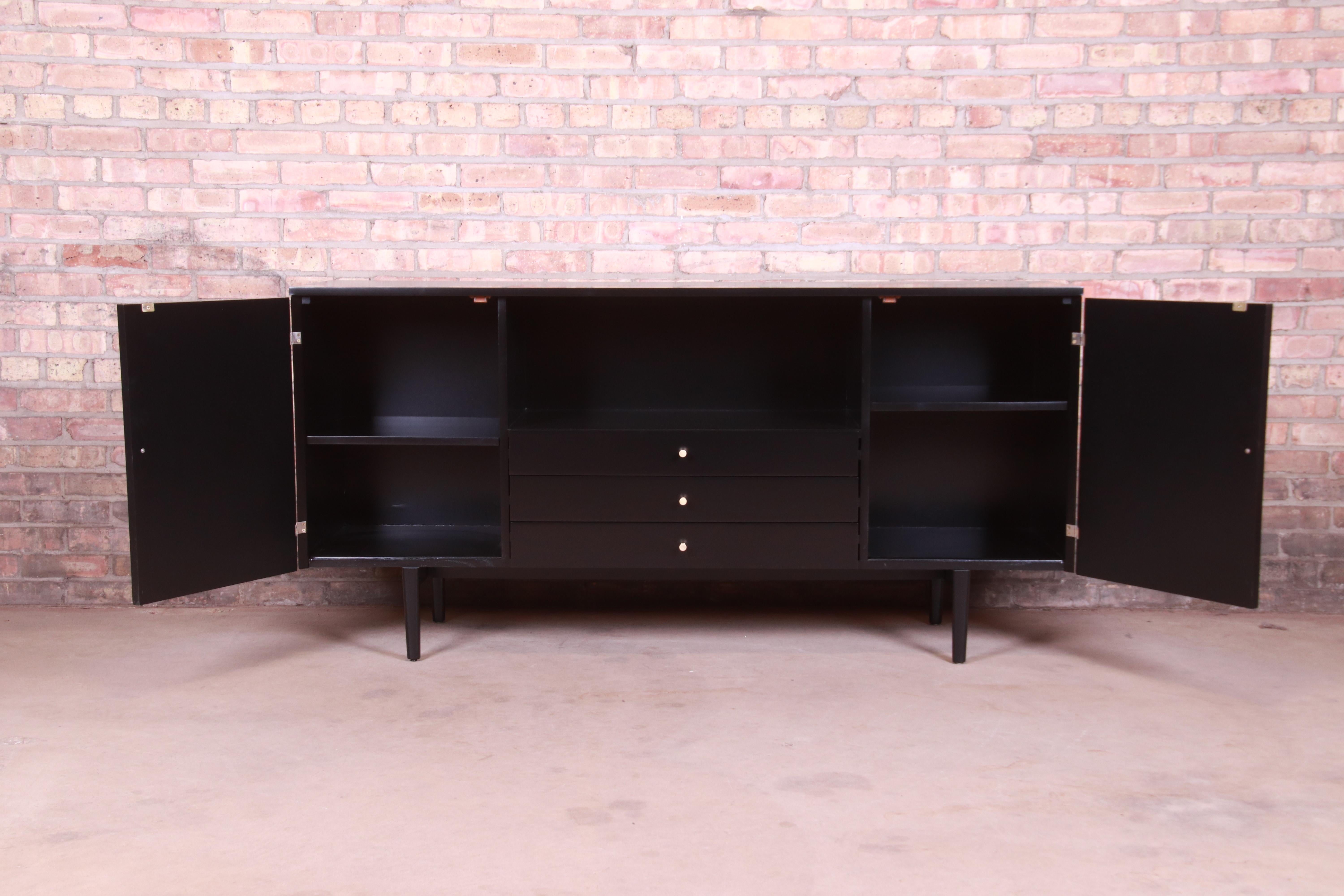 Brass Paul McCobb Planner Group Black Lacquered Credenza or Media Cabinet, Refinished