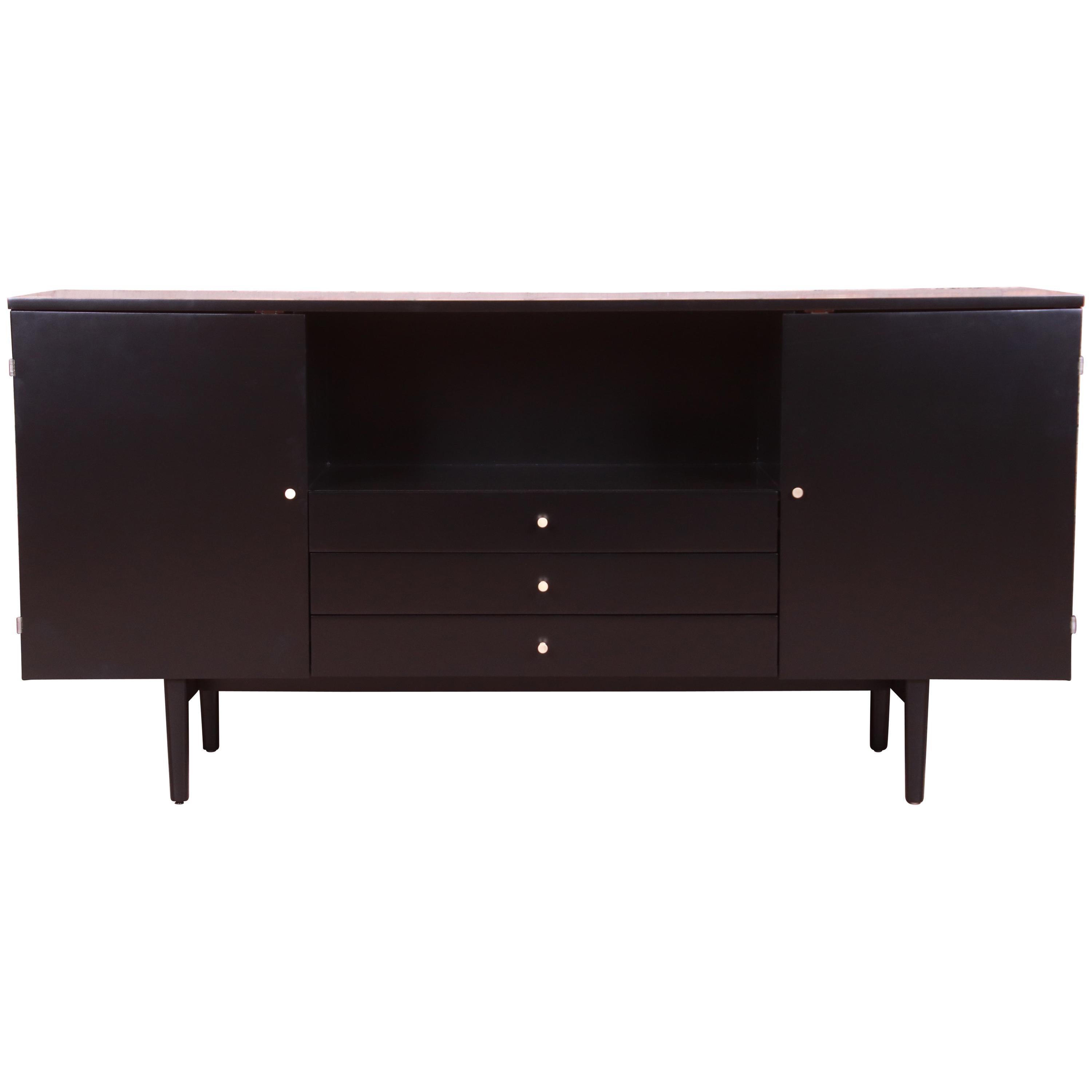 Paul McCobb Planner Group Black Lacquered Credenza or Media Cabinet, Refinished