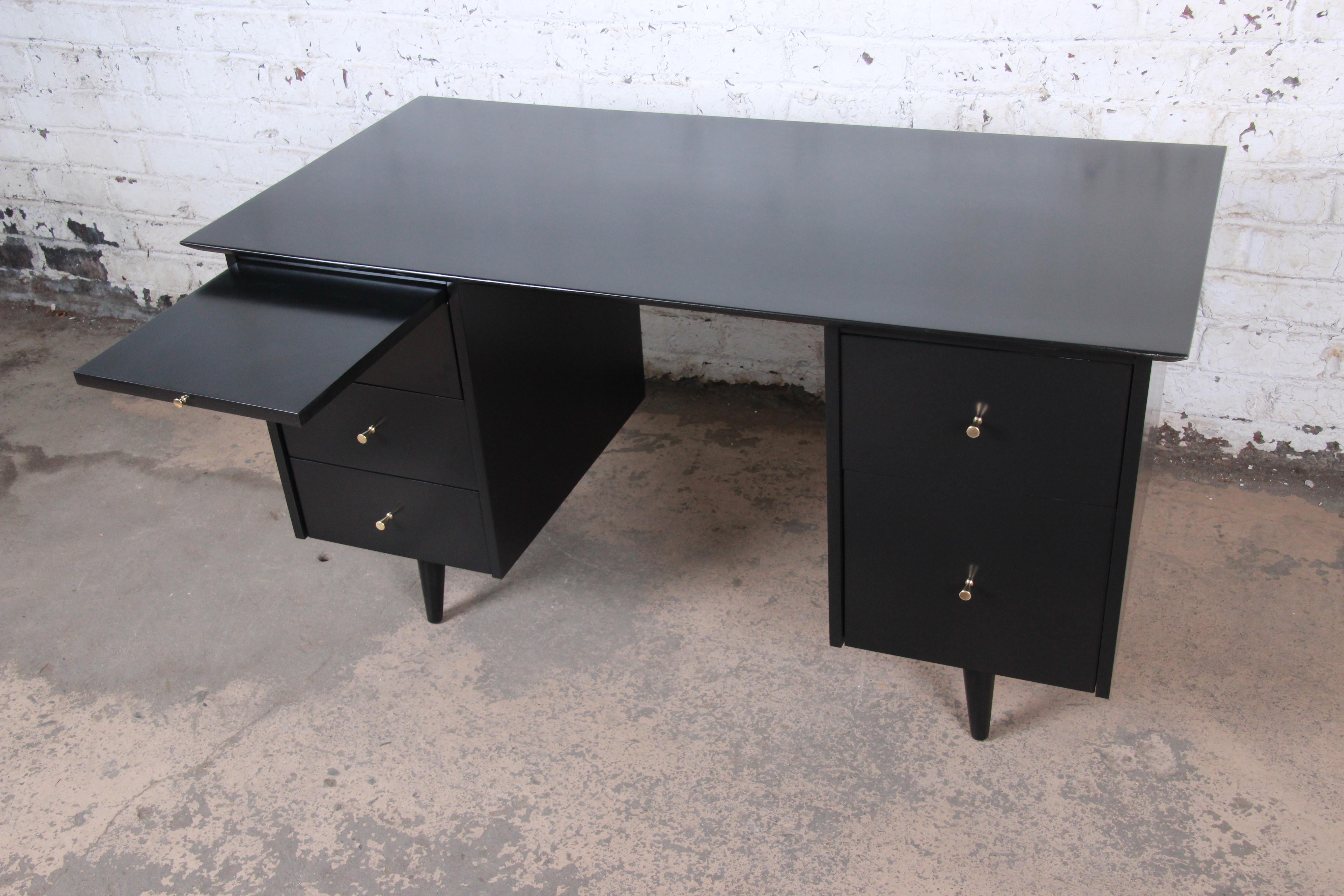 Paul McCobb Planner Group Black Lacquered Double Pedestal Desk and Chair, 1950s 5
