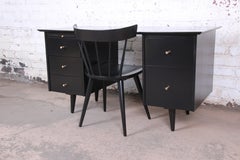 Paul McCobb Planner Group Black Lacquered Double Pedestal Desk and Chair, 1950s