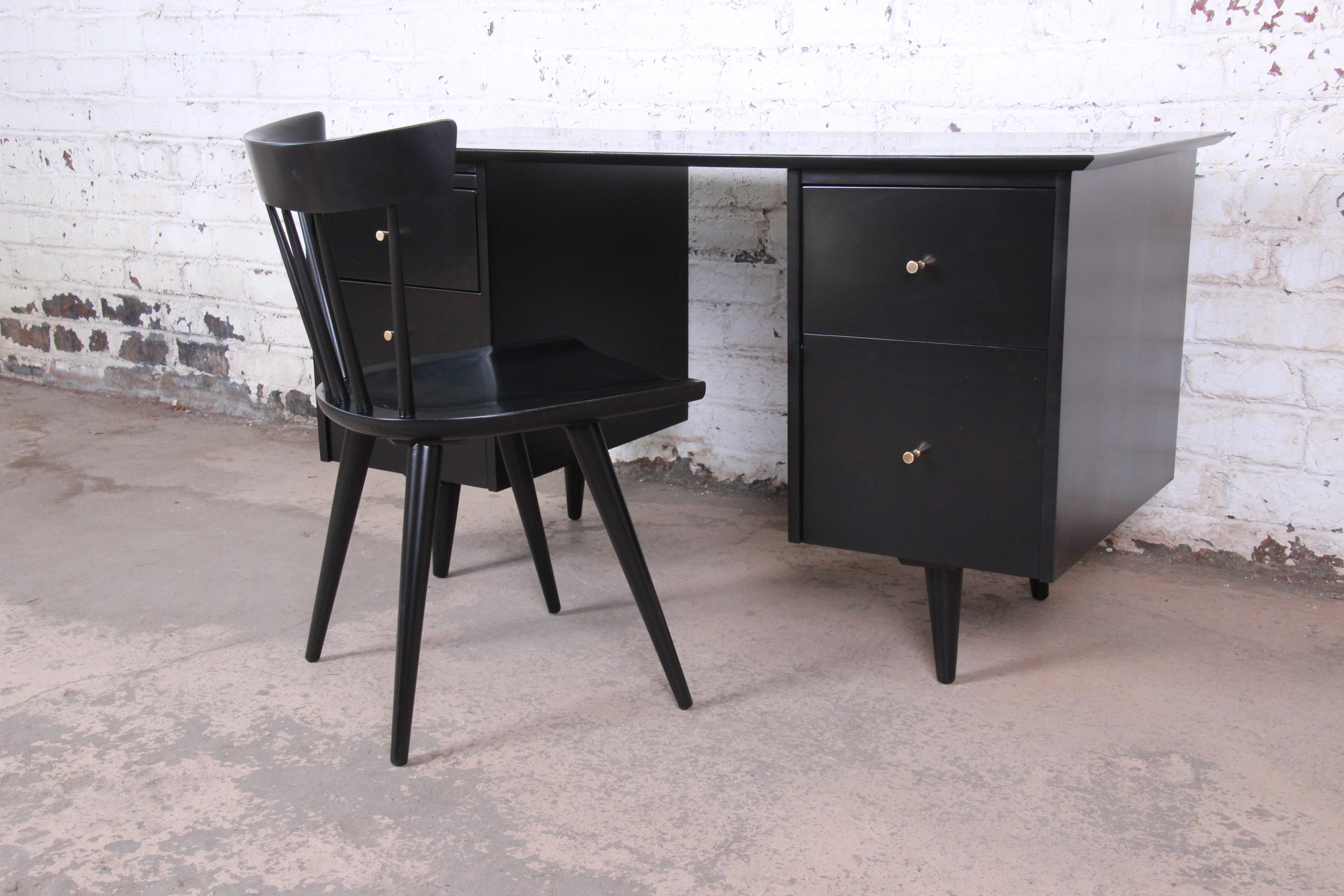 Mid-Century Modern Paul McCobb Planner Group Black Lacquered Double Pedestal Desk and Chair, 1950s