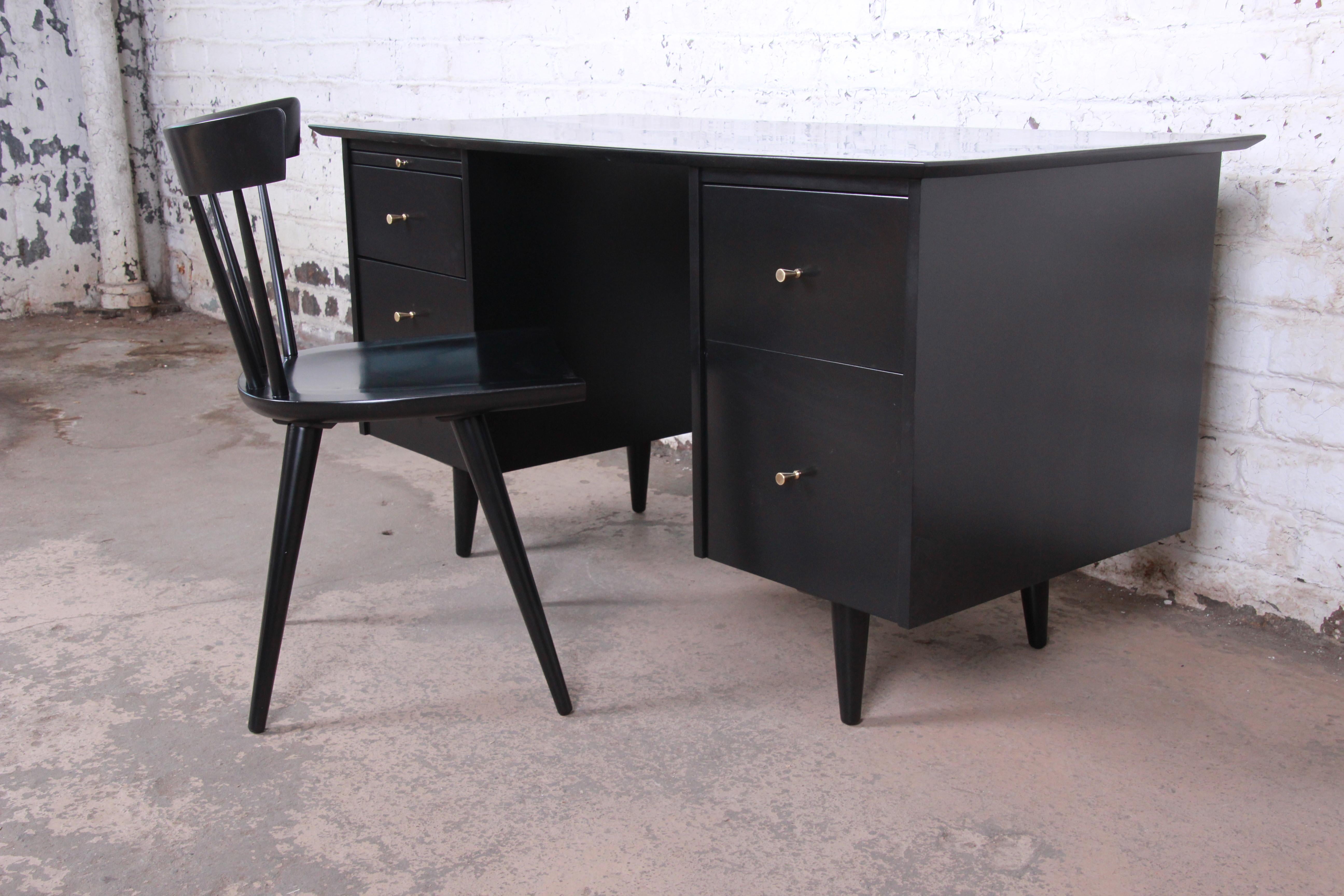 American Paul McCobb Planner Group Black Lacquered Double Pedestal Desk and Chair, 1950s