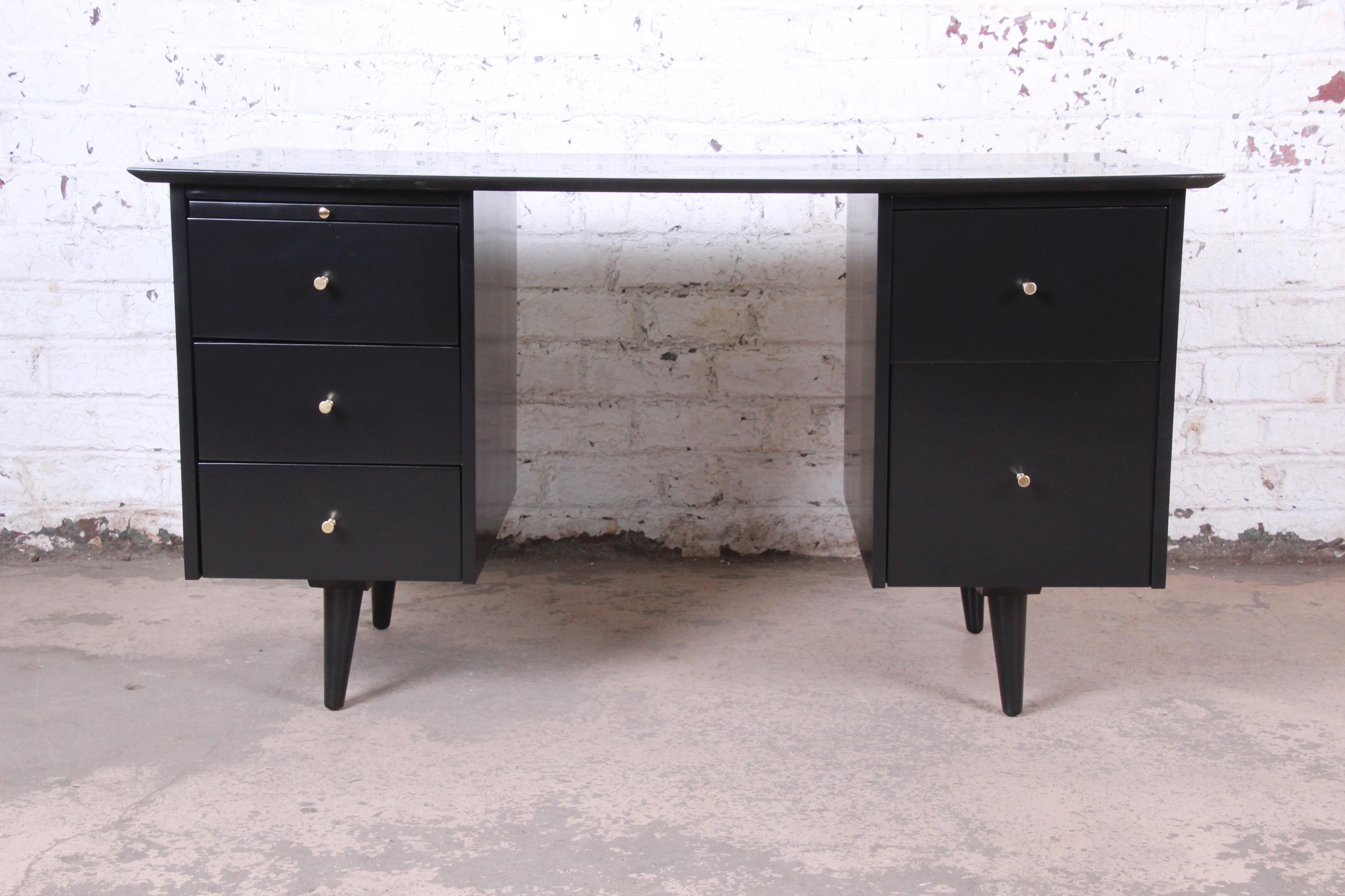 Brass Paul McCobb Planner Group Black Lacquered Double Pedestal Desk and Chair, 1950s