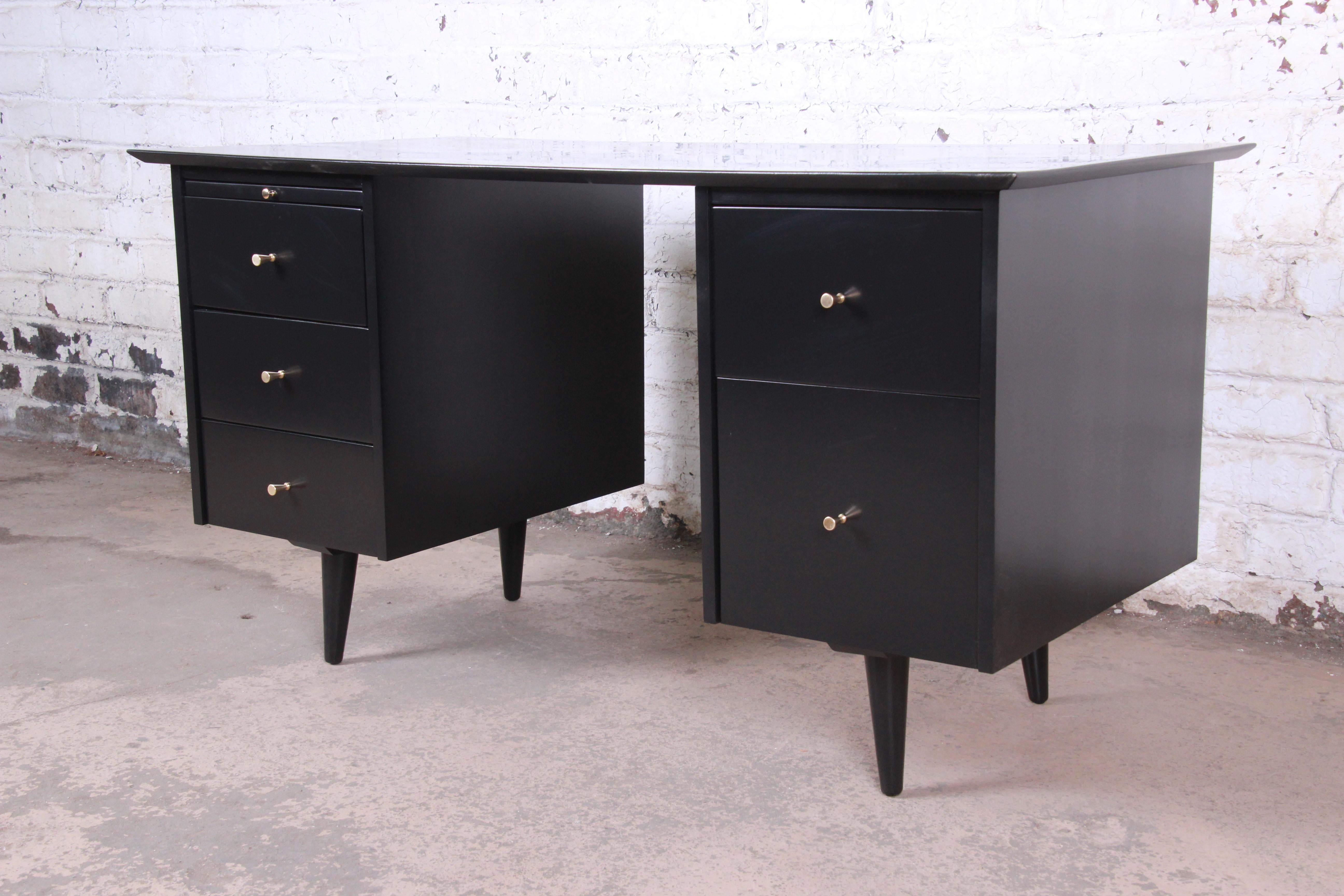 Paul McCobb Planner Group Black Lacquered Double Pedestal Desk and Chair, 1950s 1