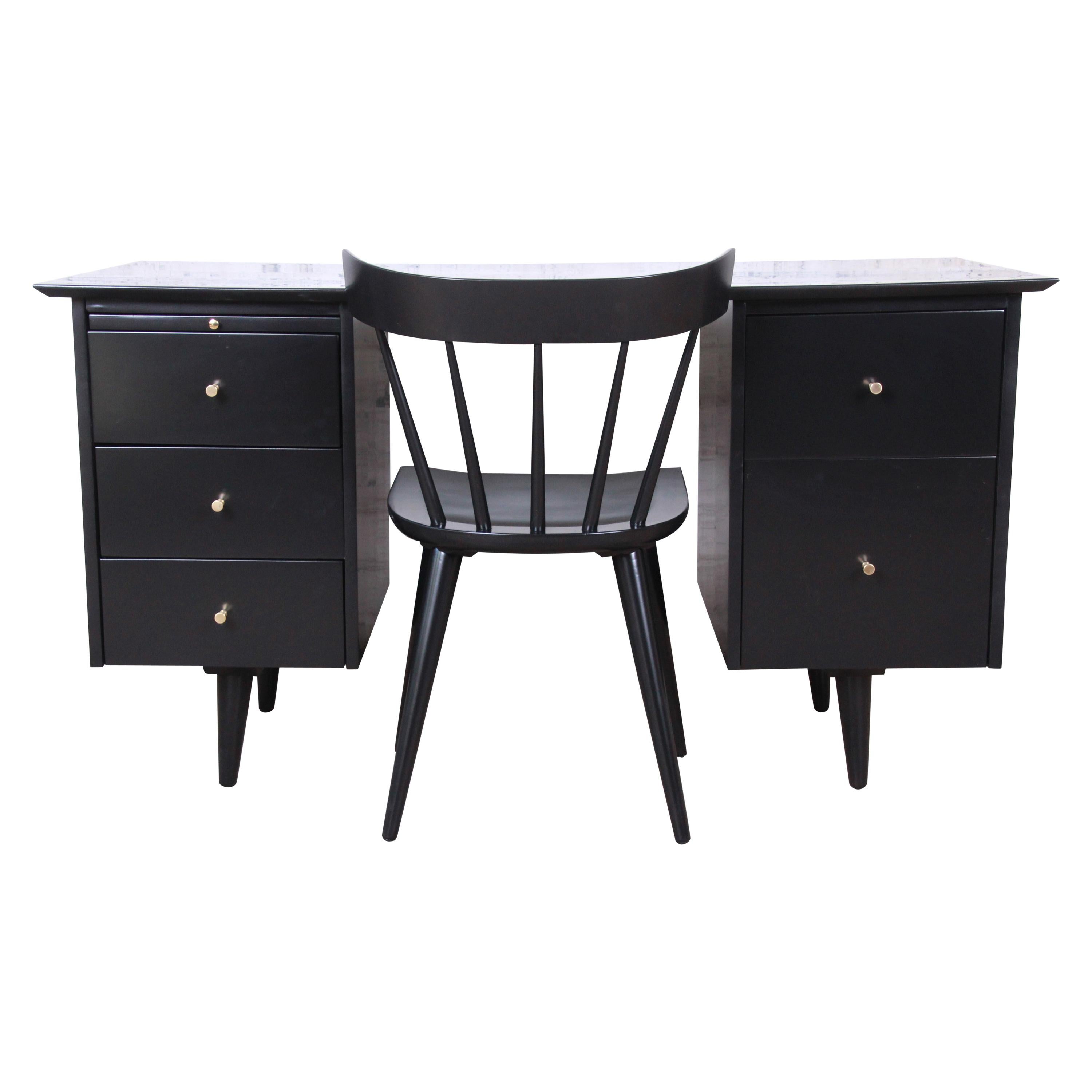Paul McCobb Planner Group Black Lacquered Double Pedestal Desk and Chair, 1950s