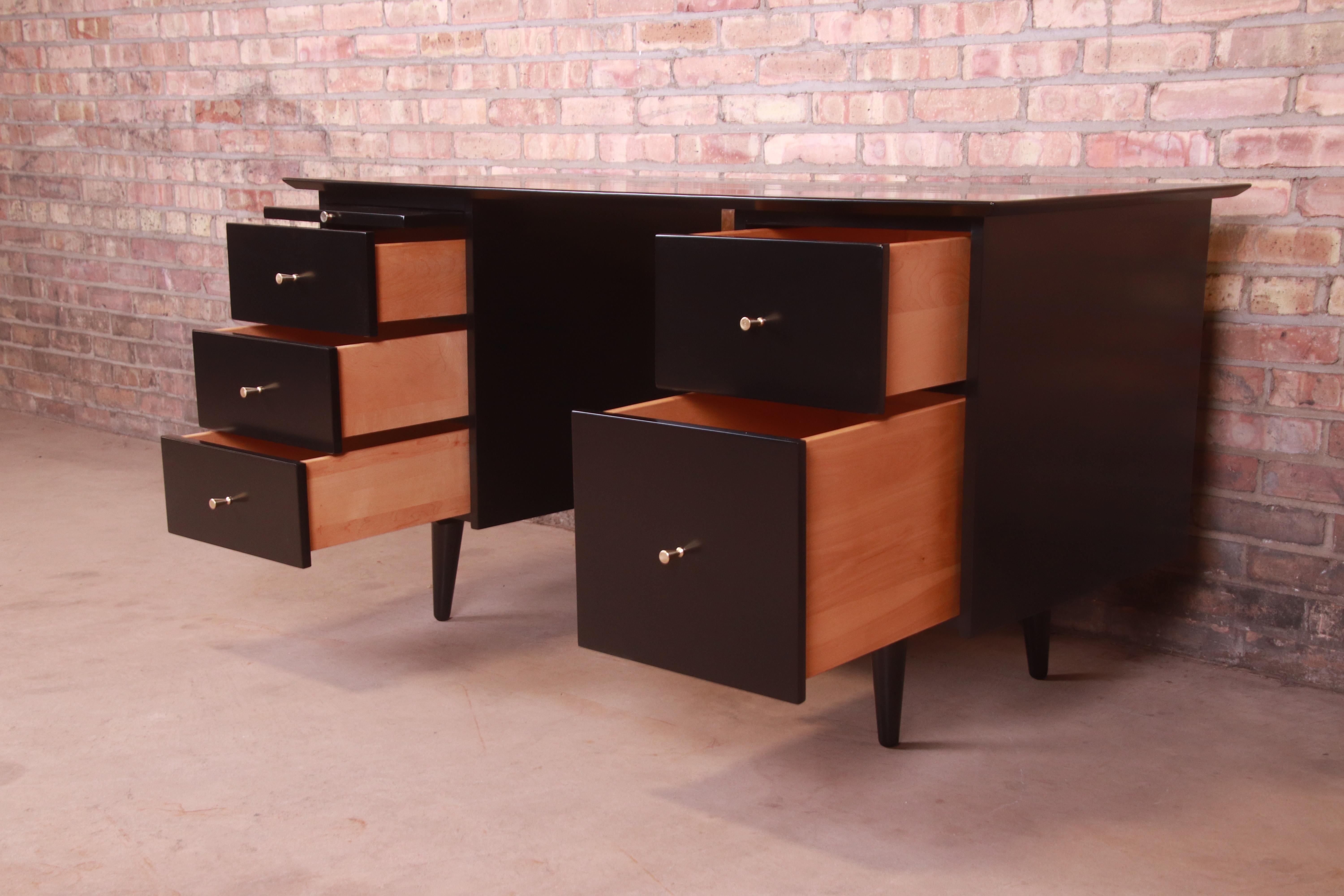 Paul McCobb Planner Group Black Lacquered Double Pedestal Desk, Newly Refinished For Sale 3