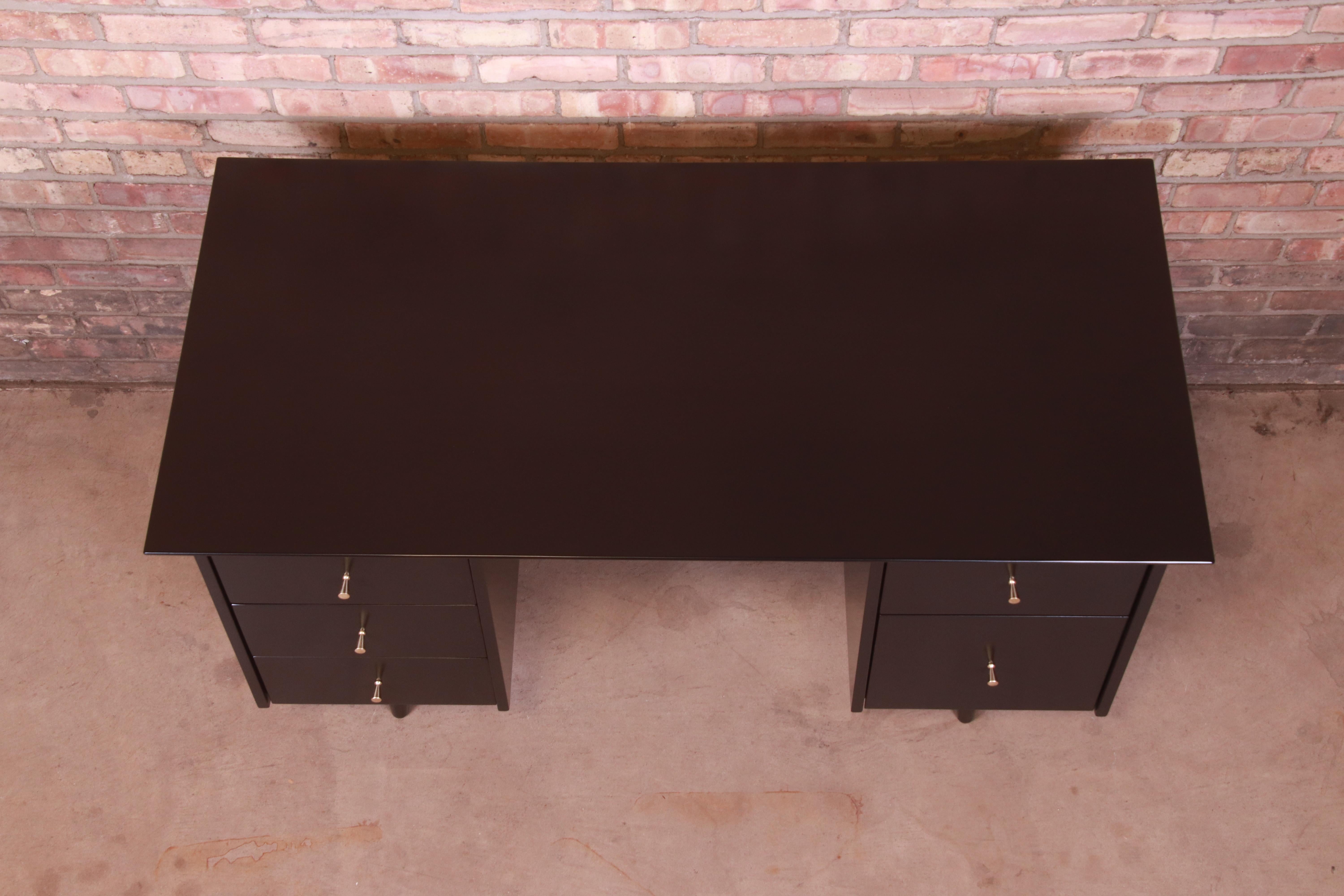 Paul McCobb Planner Group Black Lacquered Double Pedestal Desk, Newly Refinished For Sale 8