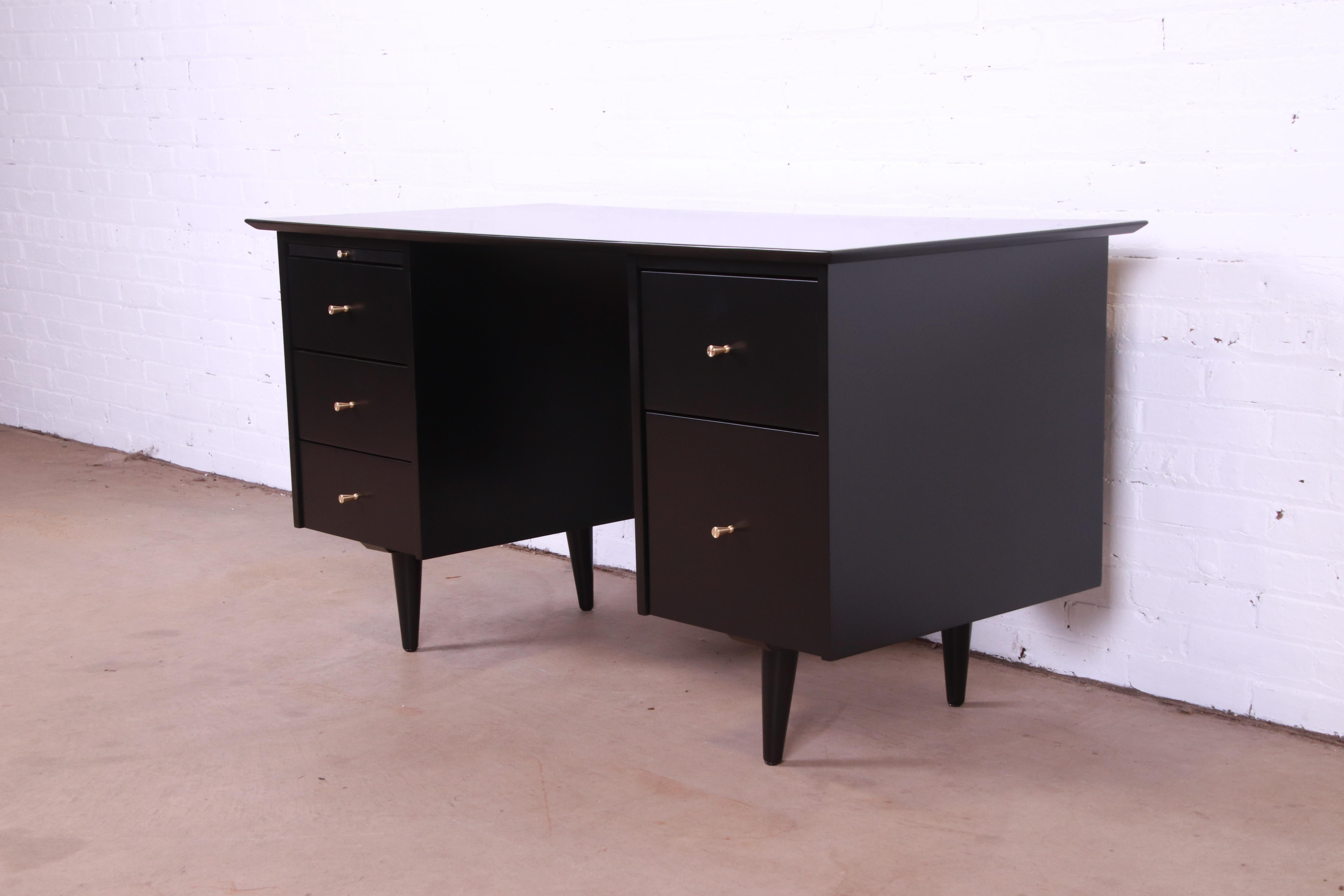 Mid-Century Modern Paul McCobb Planner Group Black Lacquered Double Pedestal Desk, Newly Refinished