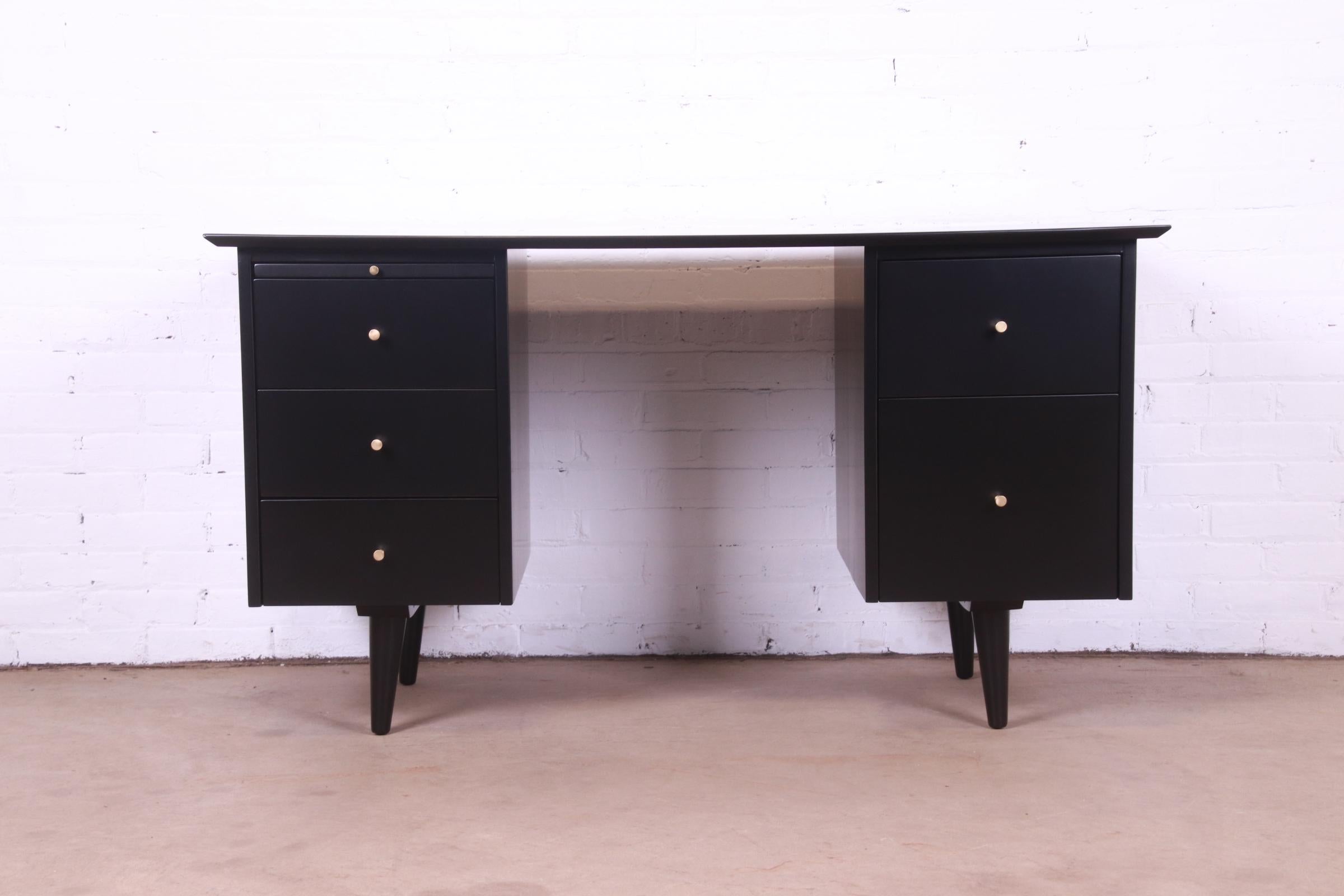 Mid-Century Modern Paul McCobb Planner Group Black Lacquered Double Pedestal Desk, Newly Refinished
