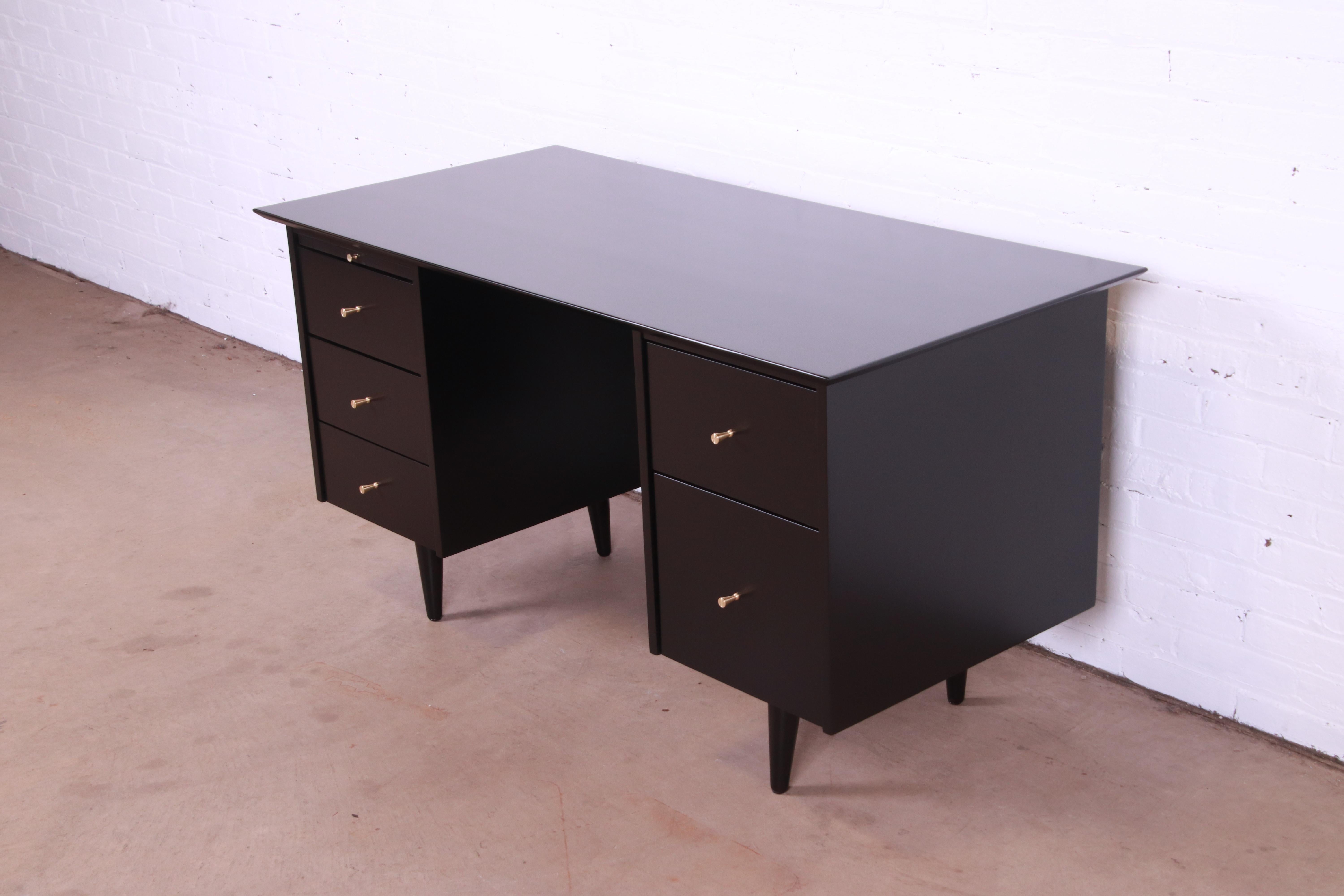 American Paul McCobb Planner Group Black Lacquered Double Pedestal Desk, Newly Refinished