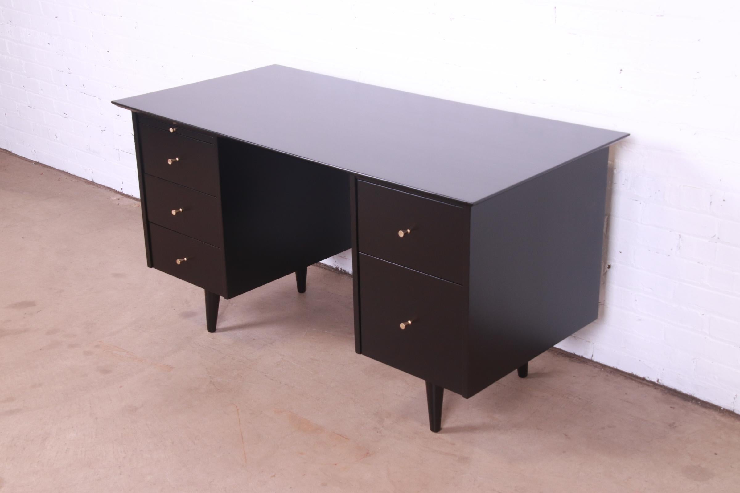 American Paul McCobb Planner Group Black Lacquered Double Pedestal Desk, Newly Refinished