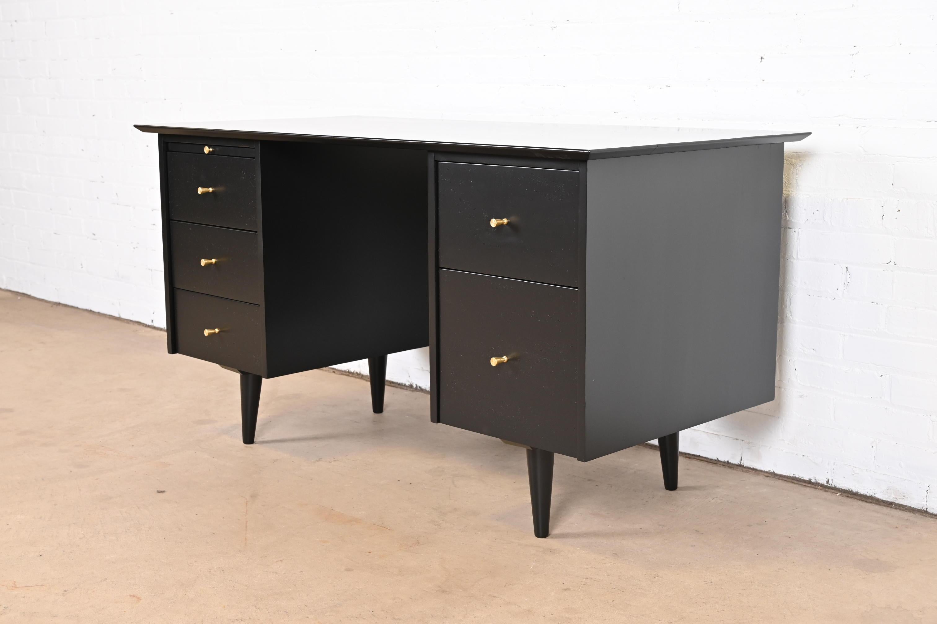 American Paul McCobb Planner Group Black Lacquered Double Pedestal Desk, Newly Refinished