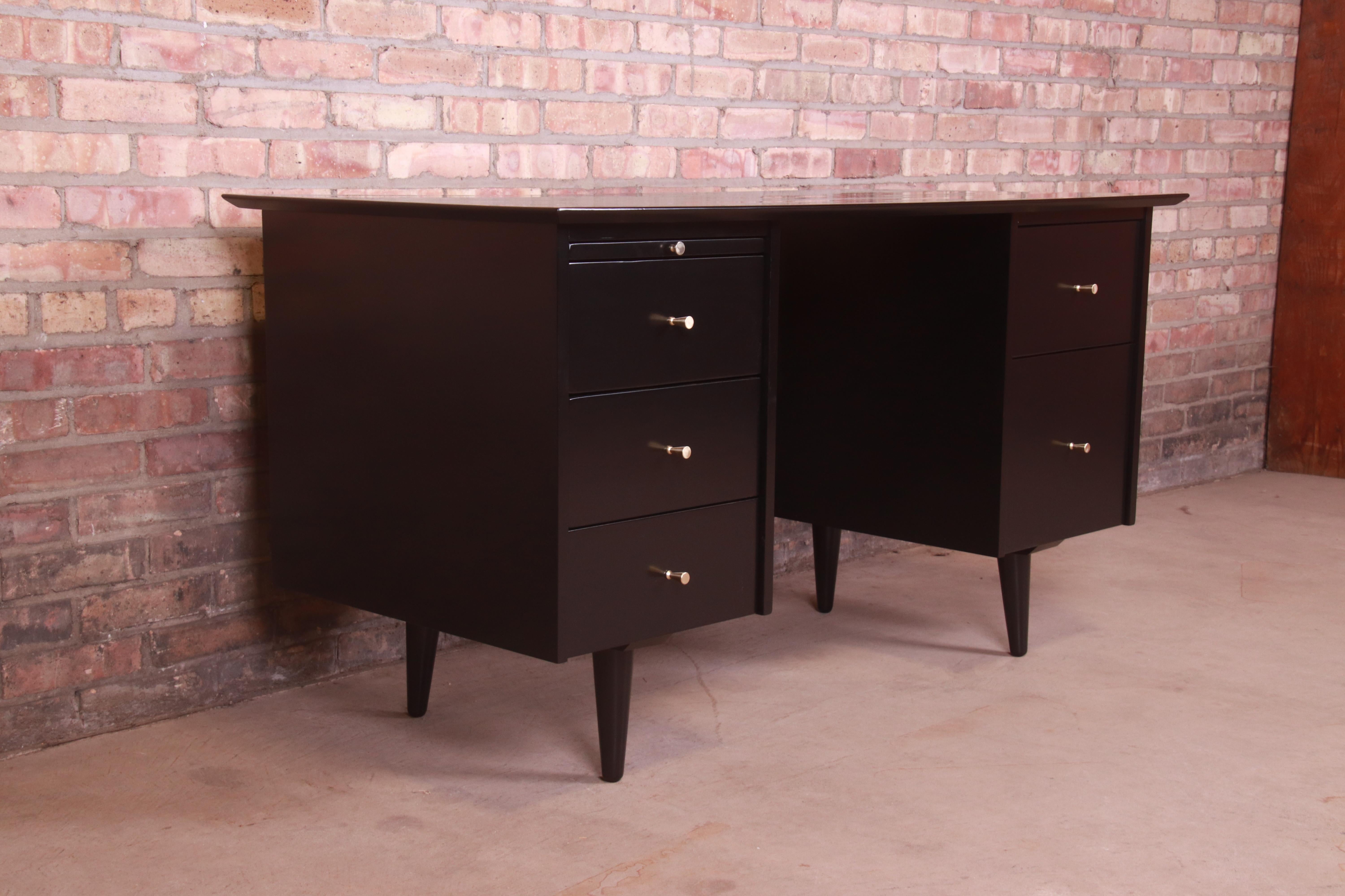 Mid-20th Century Paul McCobb Planner Group Black Lacquered Double Pedestal Desk, Newly Refinished For Sale