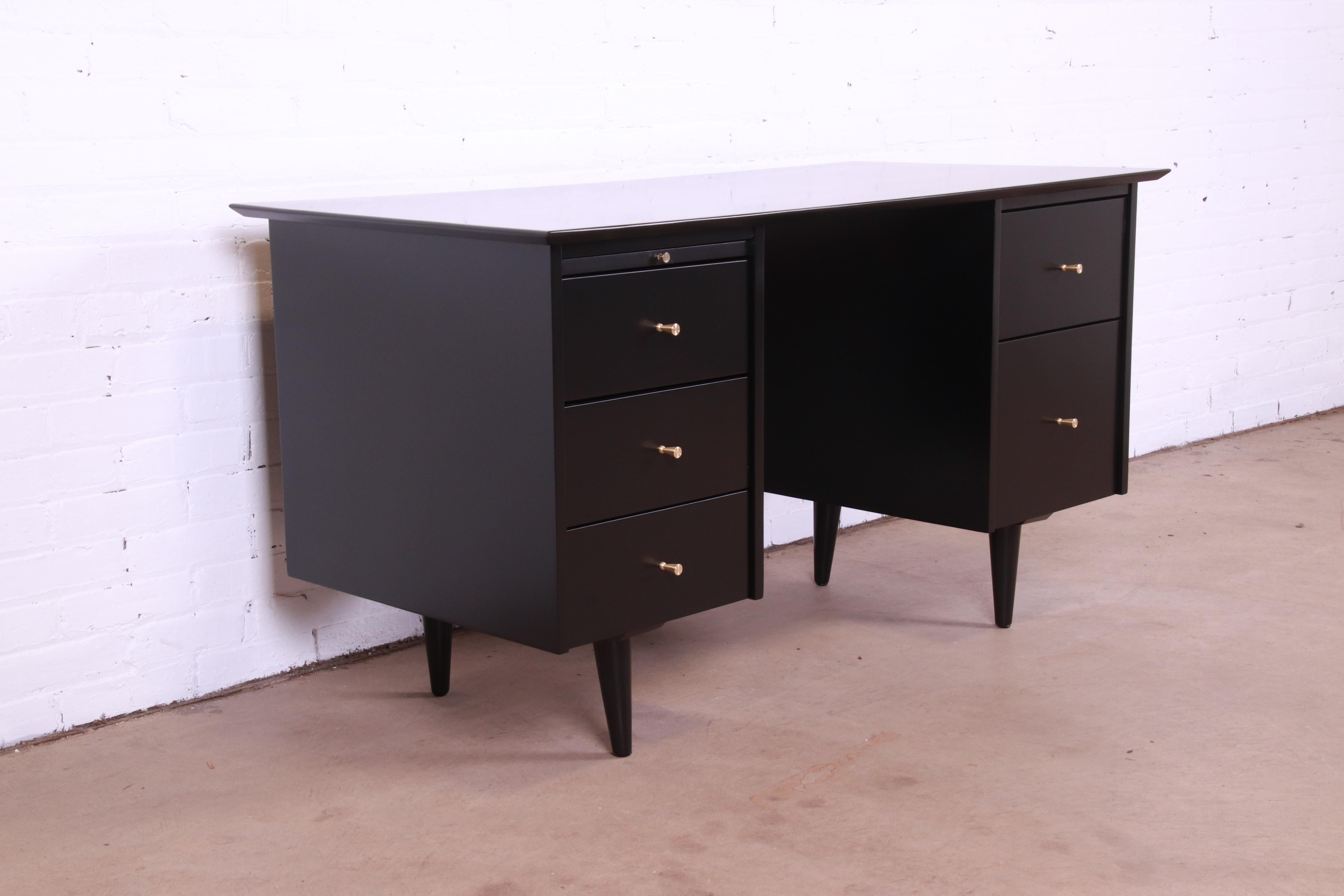 Mid-20th Century Paul McCobb Planner Group Black Lacquered Double Pedestal Desk, Newly Refinished