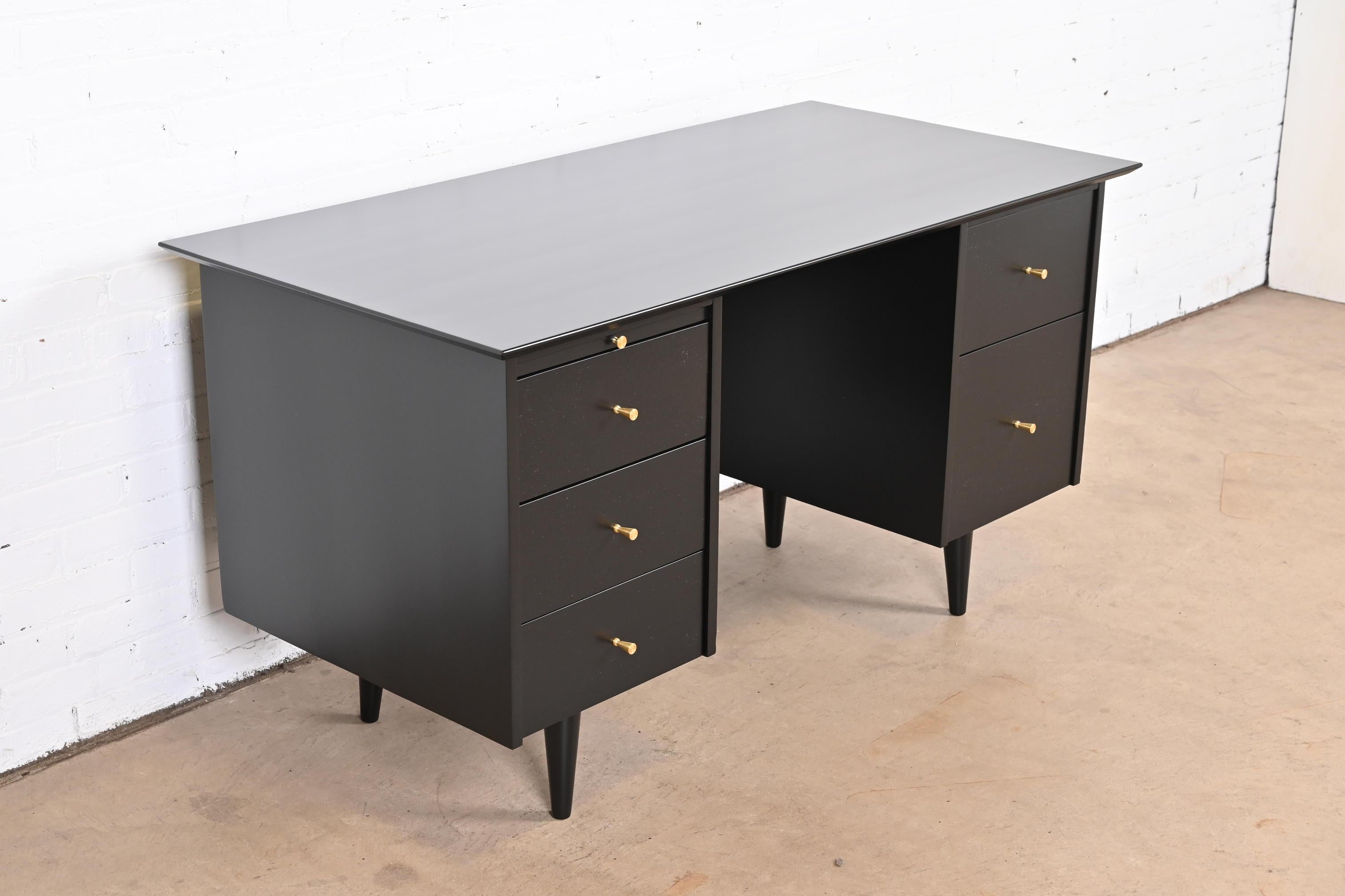 Mid-20th Century Paul McCobb Planner Group Black Lacquered Double Pedestal Desk, Newly Refinished