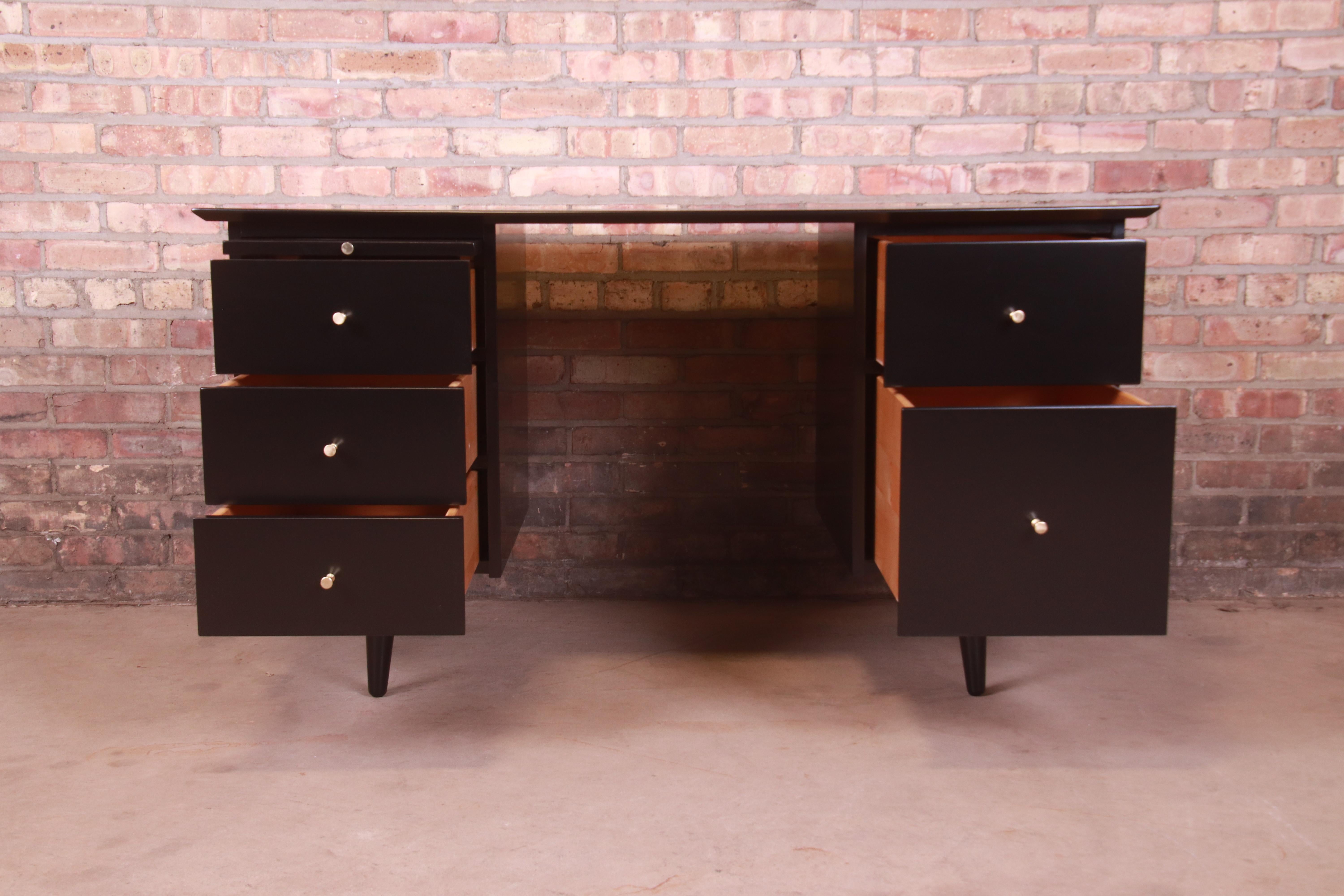 Brass Paul McCobb Planner Group Black Lacquered Double Pedestal Desk, Newly Refinished For Sale