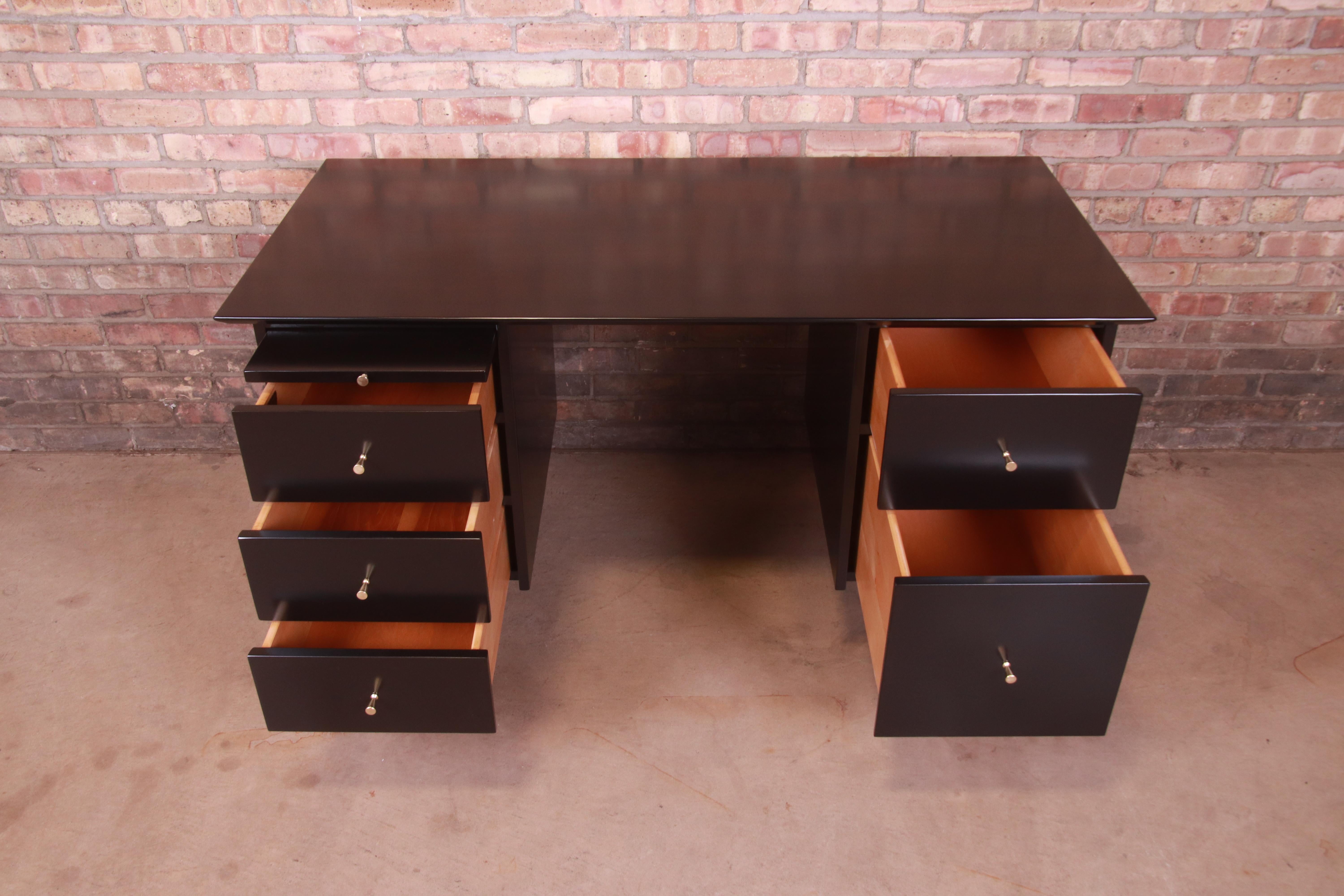 Paul McCobb Planner Group Black Lacquered Double Pedestal Desk, Newly Refinished For Sale 1