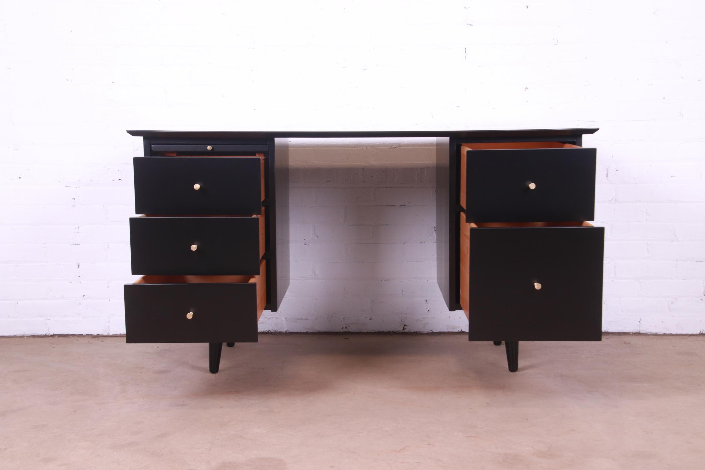 Paul McCobb Planner Group Black Lacquered Double Pedestal Desk, Newly Refinished 1