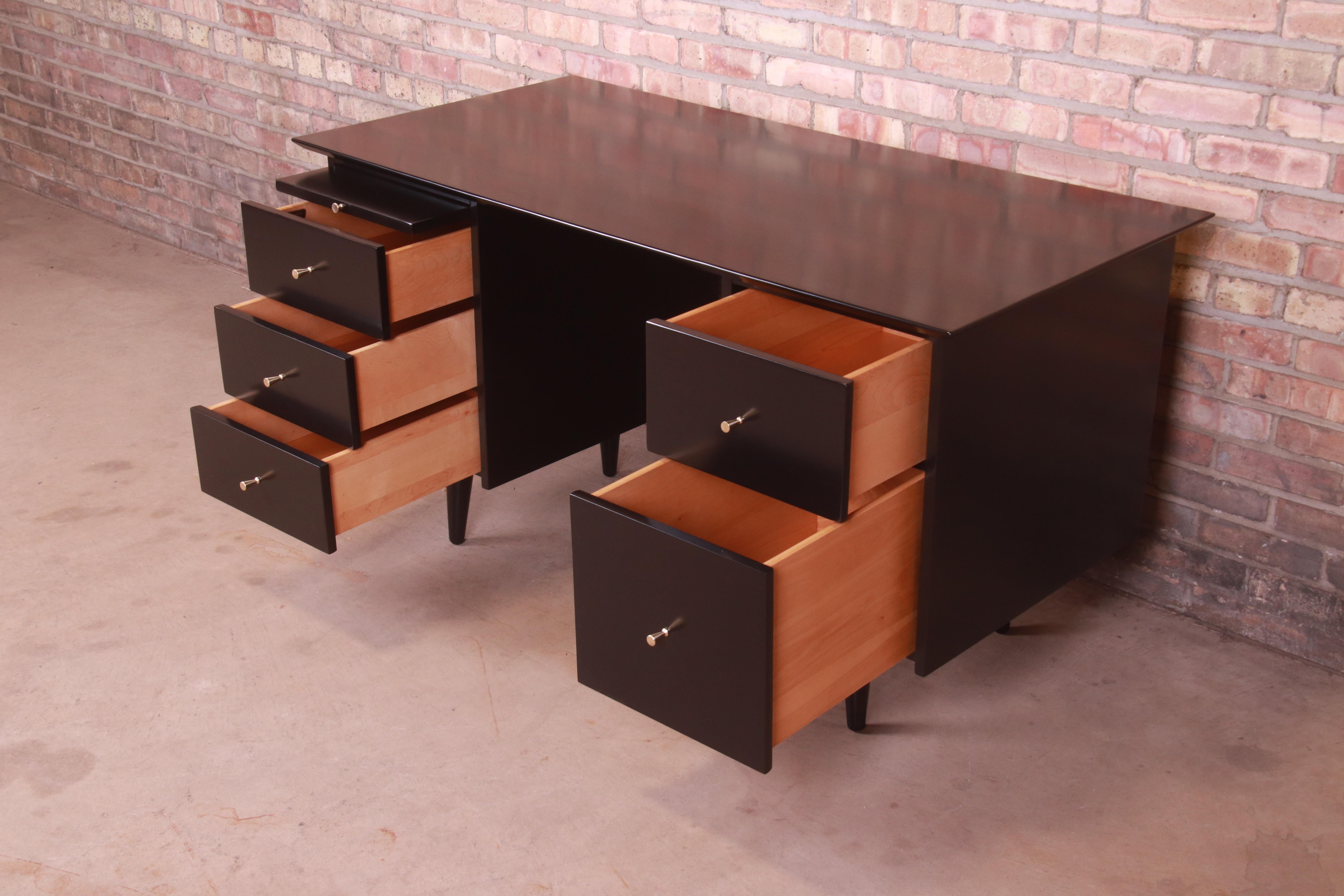 Paul McCobb Planner Group Black Lacquered Double Pedestal Desk, Newly Refinished For Sale 2