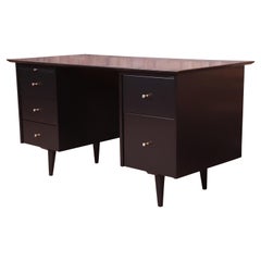 Paul McCobb Planner Group Black Lacquered Double Pedestal Desk, Newly Refinished