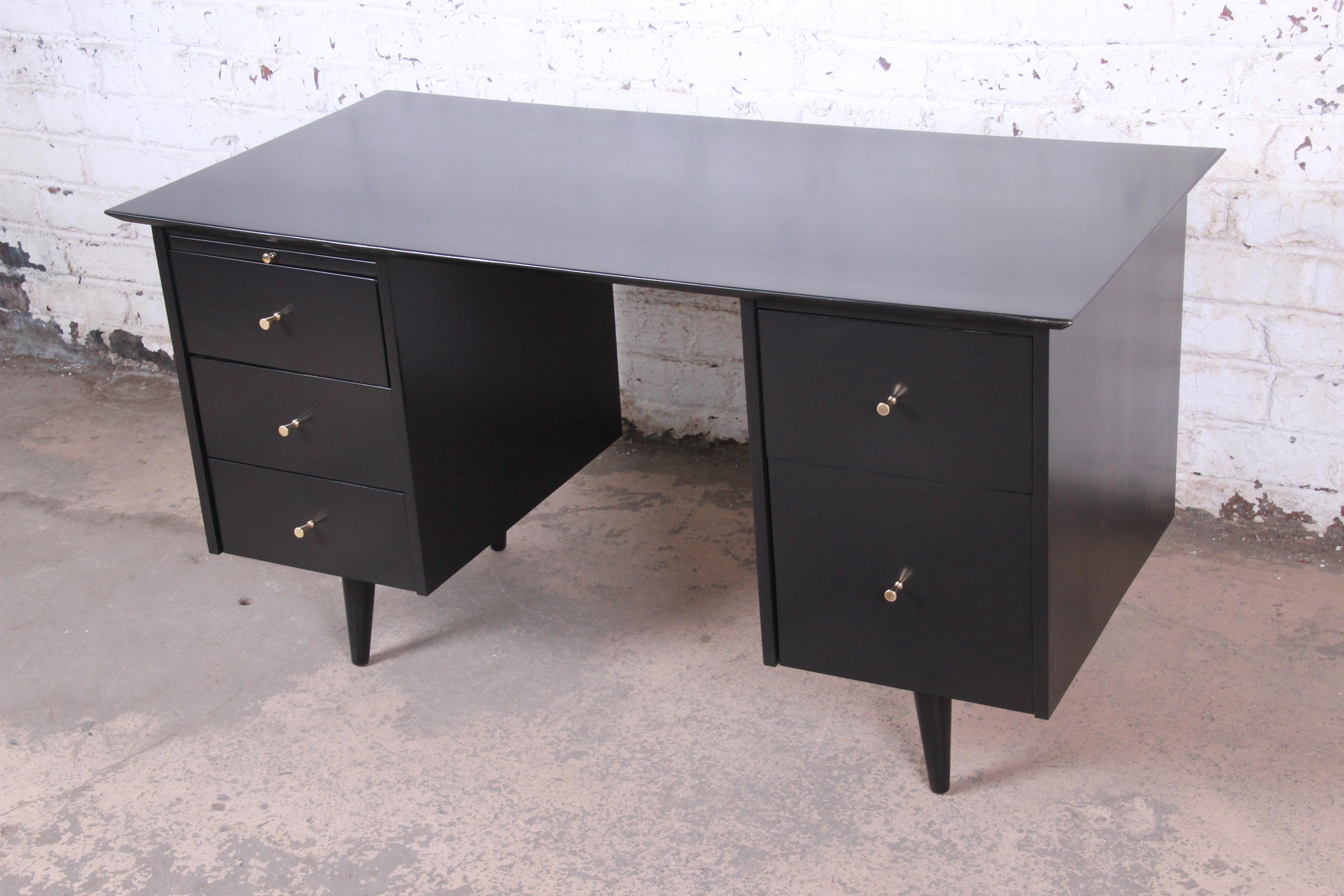 American Paul McCobb Planner Group Black Lacquered Double Pedestal Desk, Newly Restored