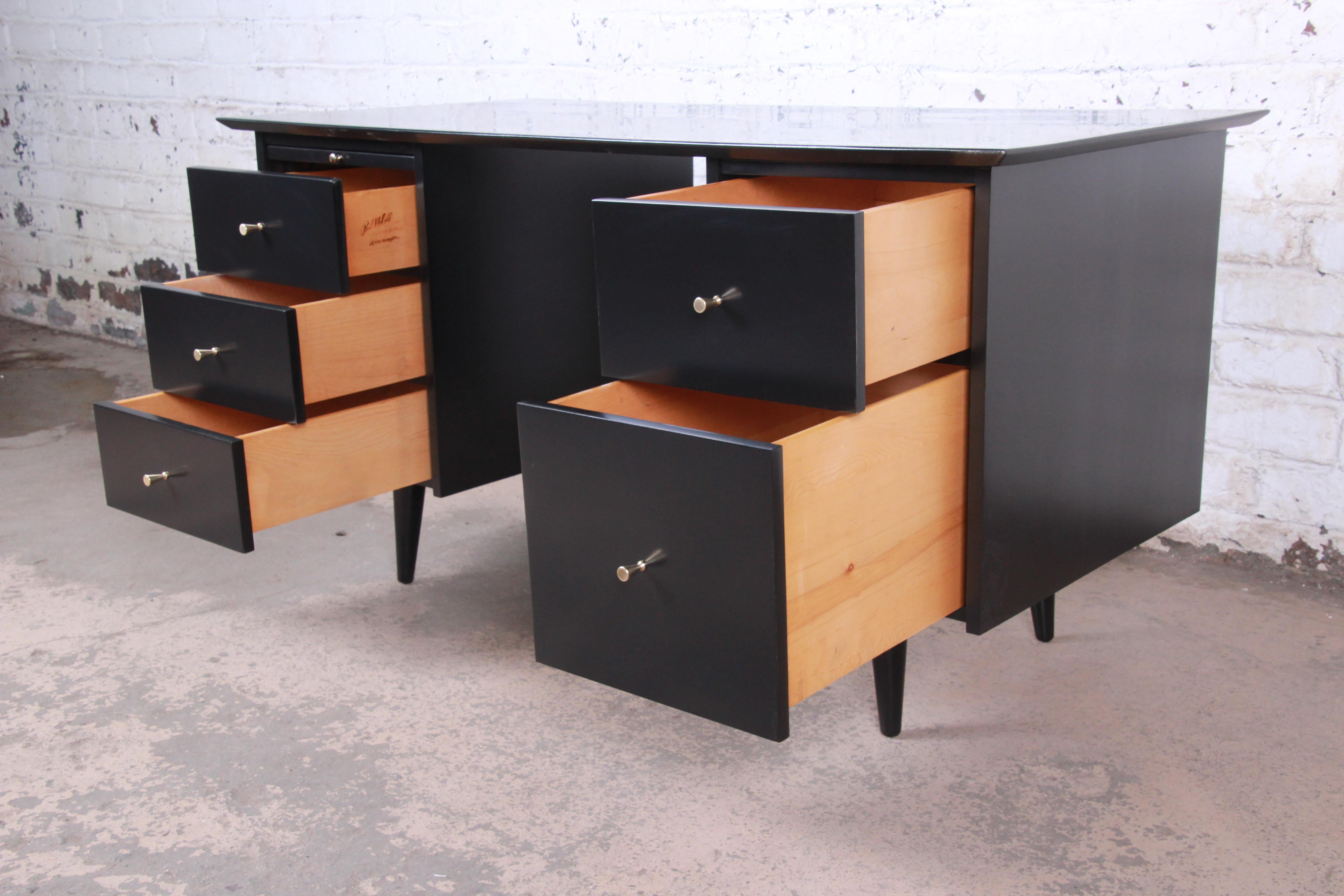 Mid-20th Century Paul McCobb Planner Group Black Lacquered Double Pedestal Desk, Newly Restored