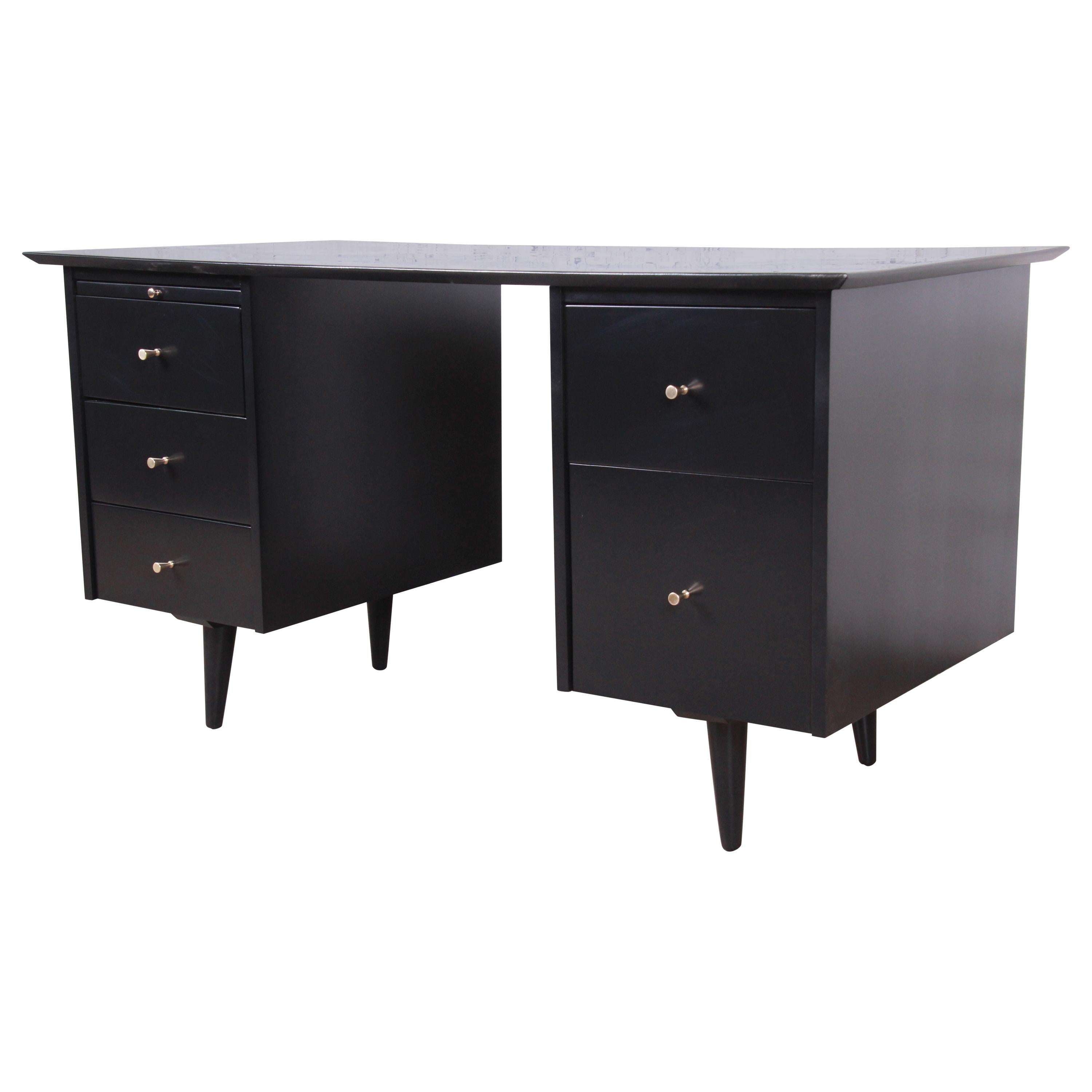Paul McCobb Planner Group Black Lacquered Double Pedestal Desk, Newly Restored