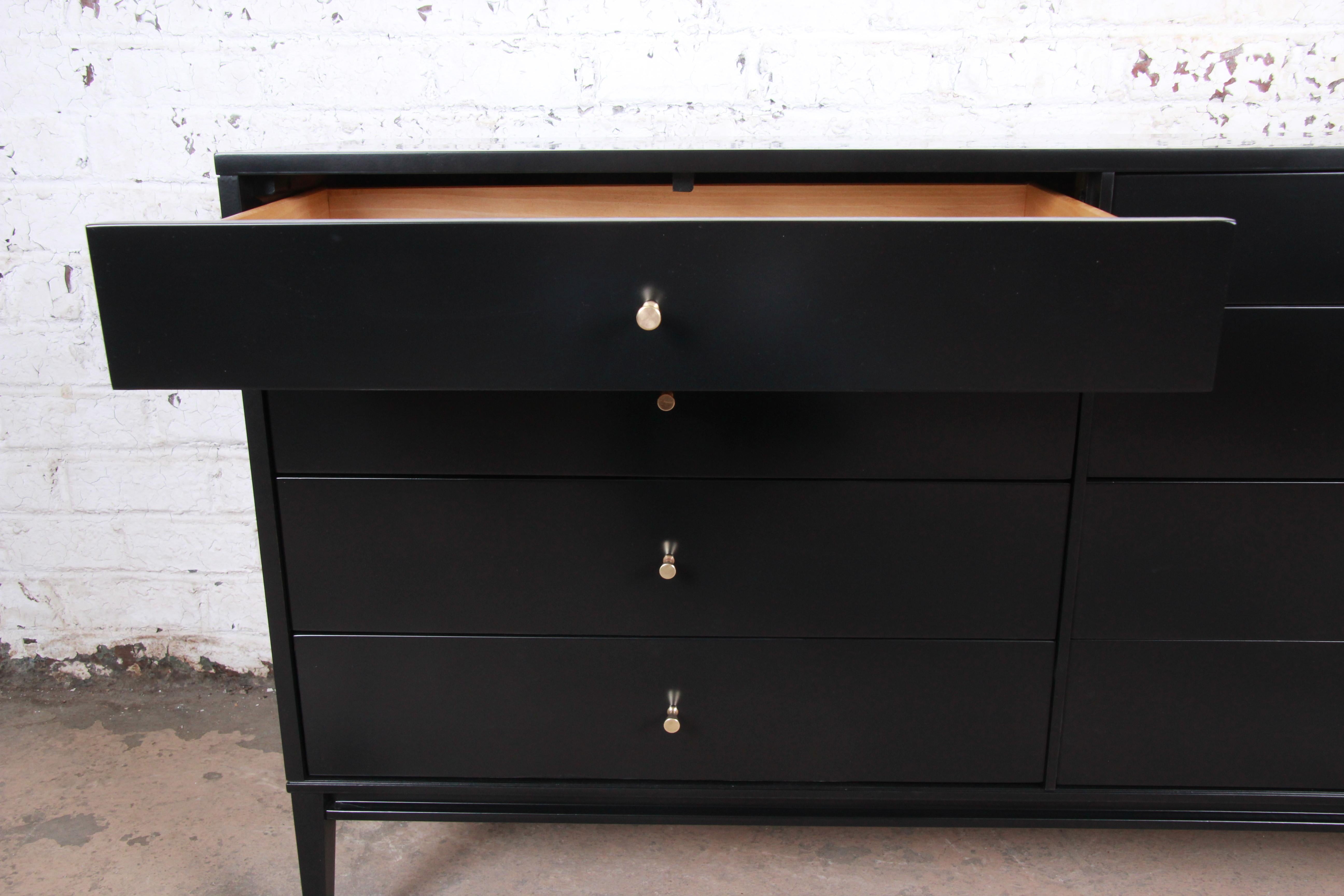 Brass Paul McCobb Planner Group Black Lacquered Dresser or Credenza, Newly Restored