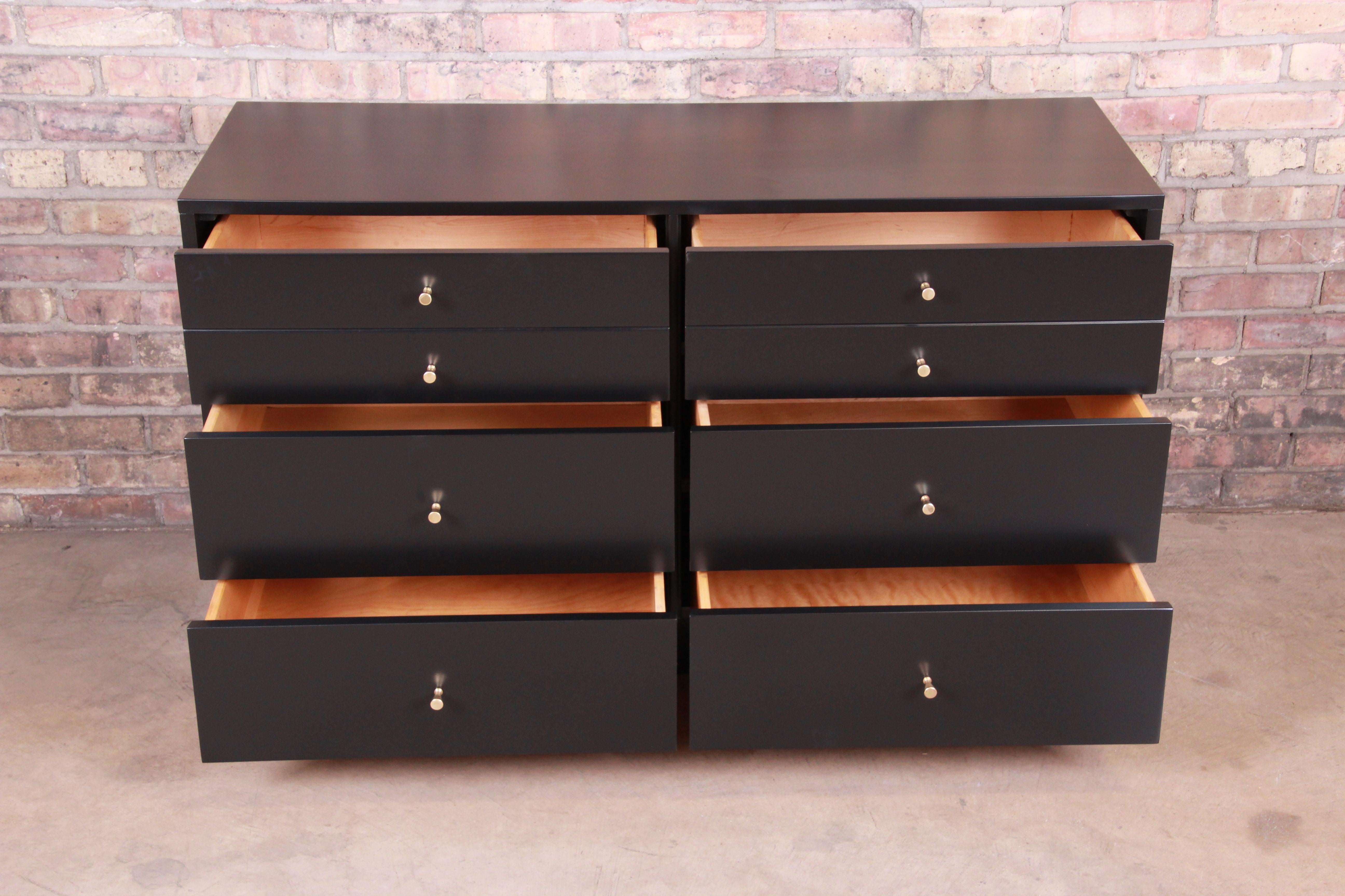 Brass Paul McCobb Planner Group Black Lacquered Dresser or Credenza, Newly Restored