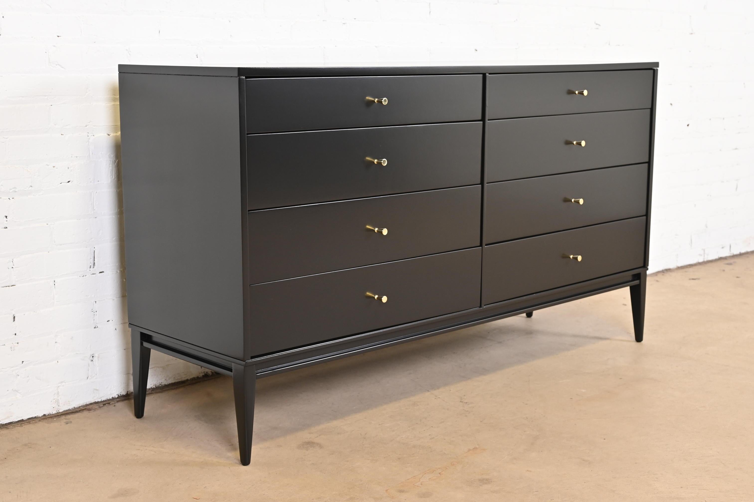 Brass Paul McCobb Planner Group Black Lacquered Eight-Drawer Dresser, Newly Refinished